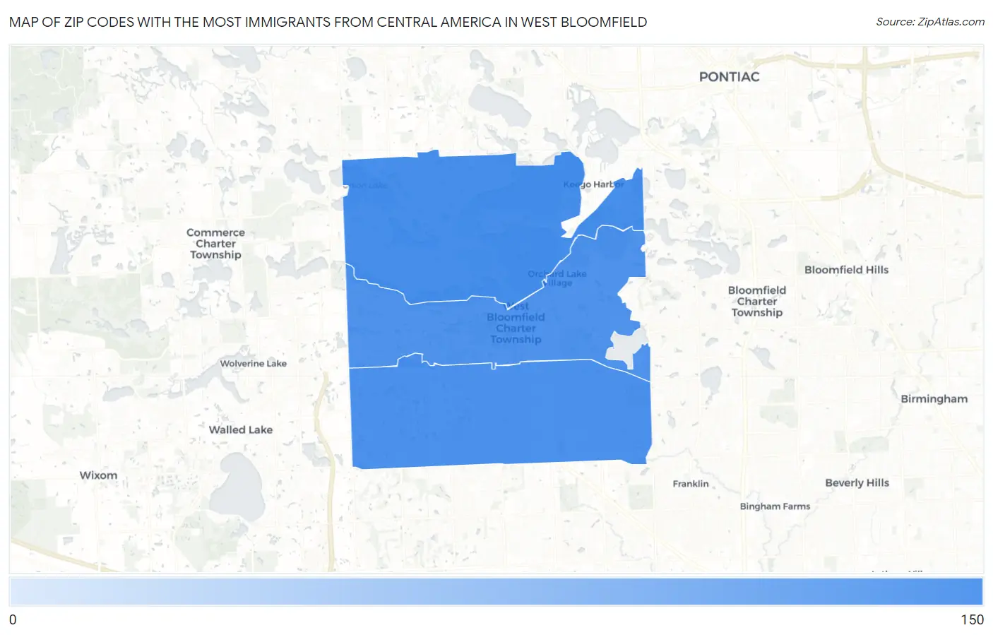 Zip Codes with the Most Immigrants from Central America in West Bloomfield Map