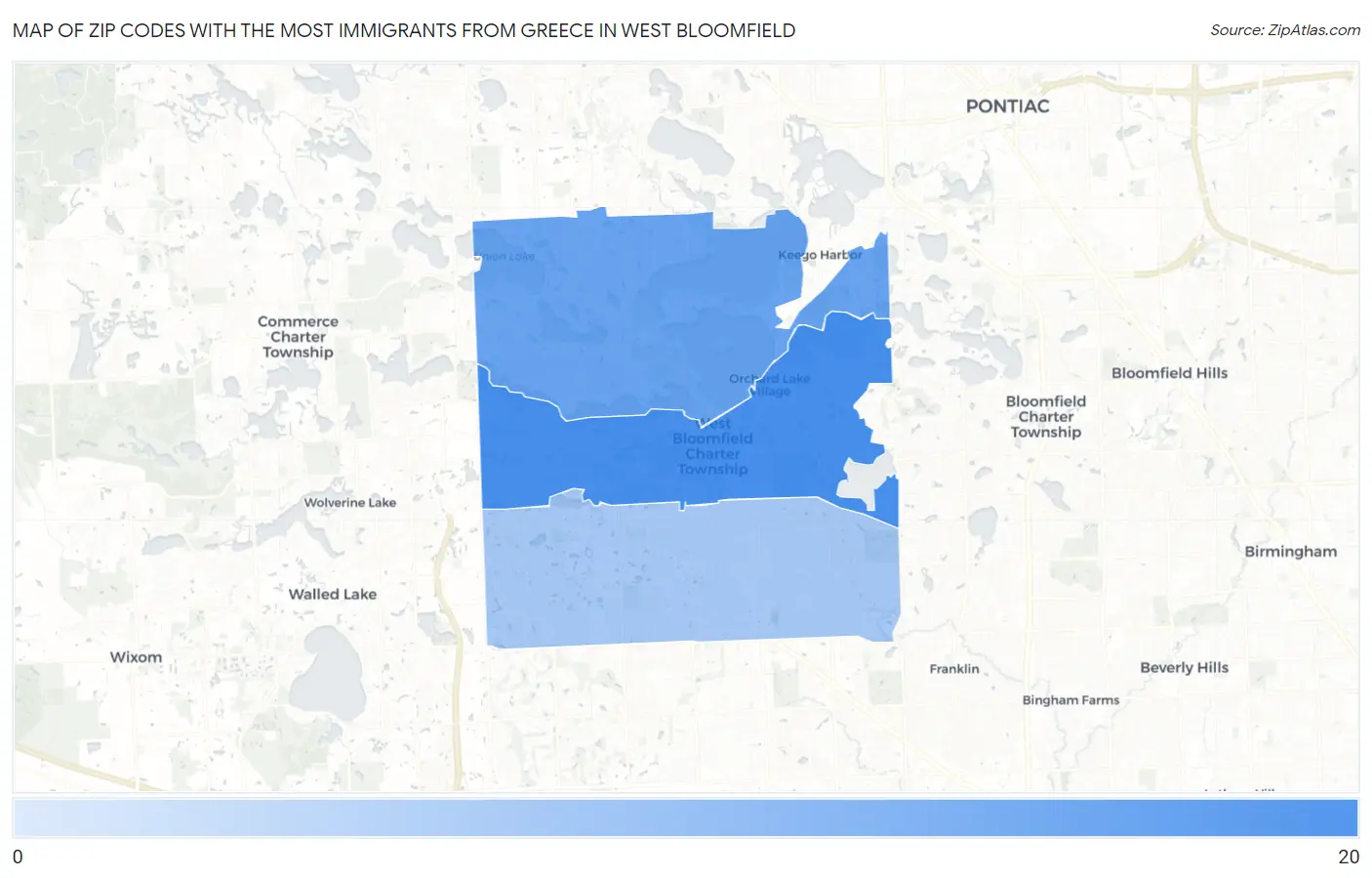 Zip Codes with the Most Immigrants from Greece in West Bloomfield Map