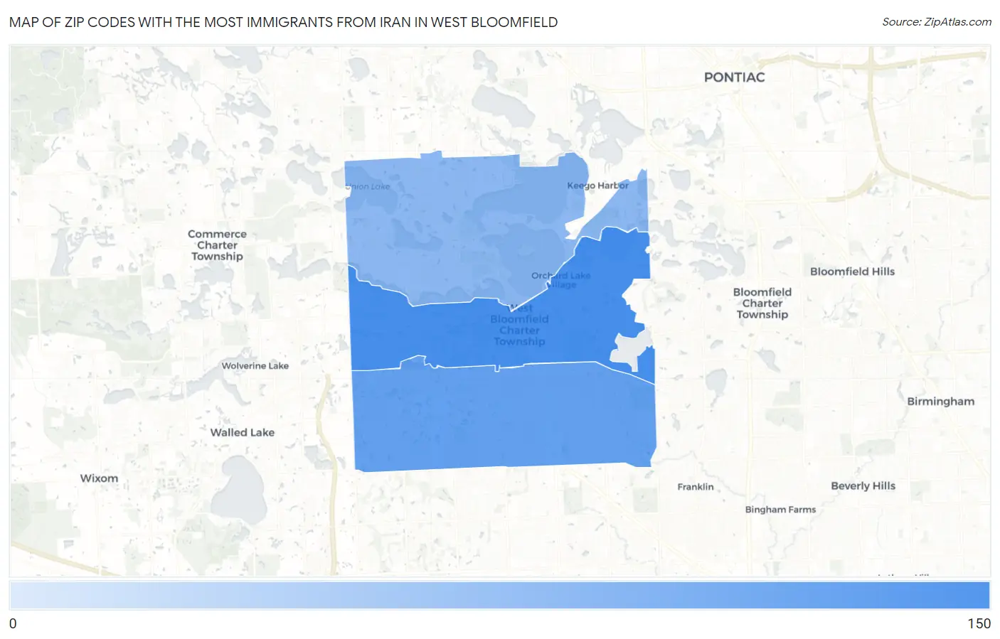 Zip Codes with the Most Immigrants from Iran in West Bloomfield Map