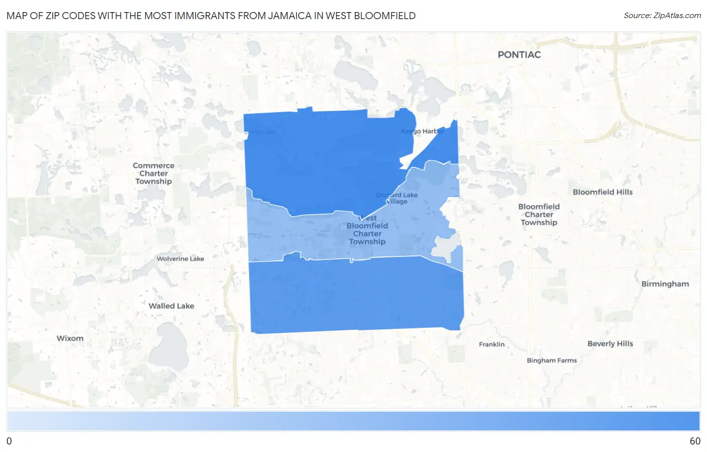 Zip Codes with the Most Immigrants from Jamaica in West Bloomfield Map