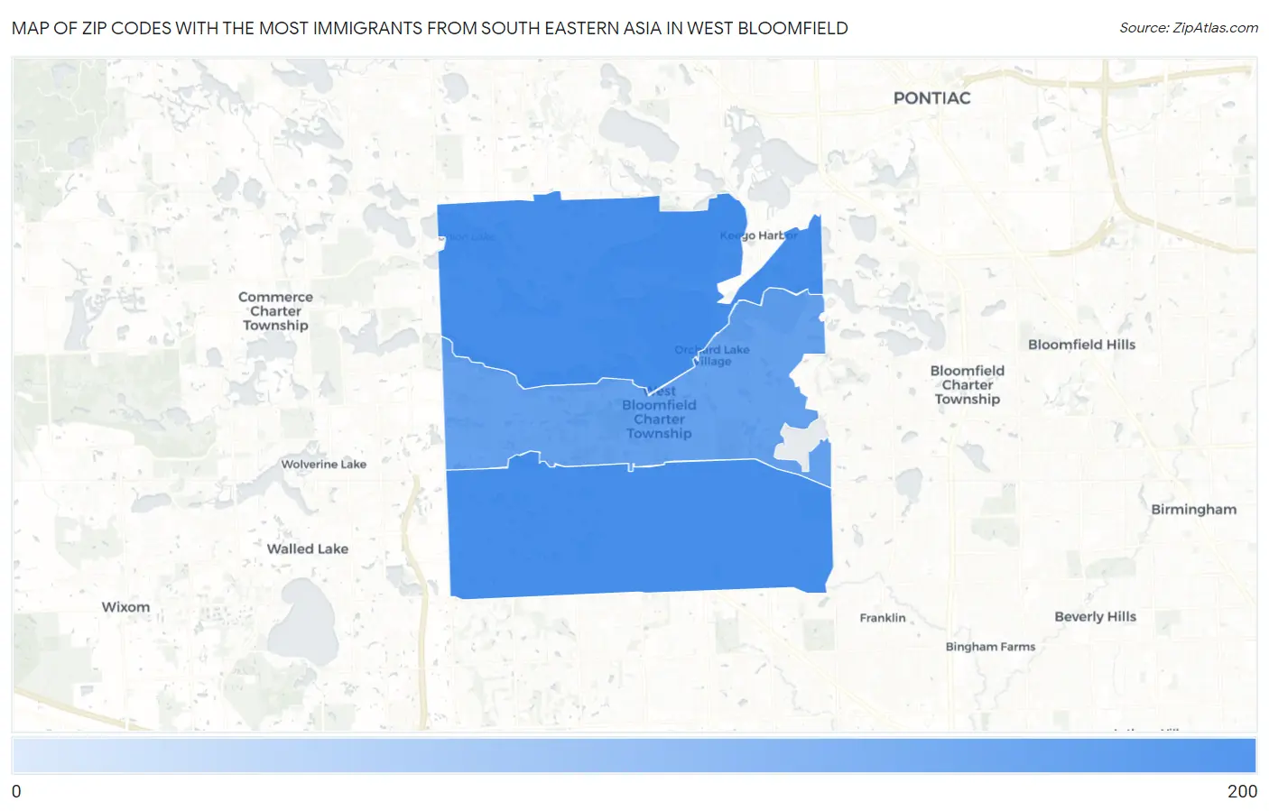 Zip Codes with the Most Immigrants from South Eastern Asia in West Bloomfield Map