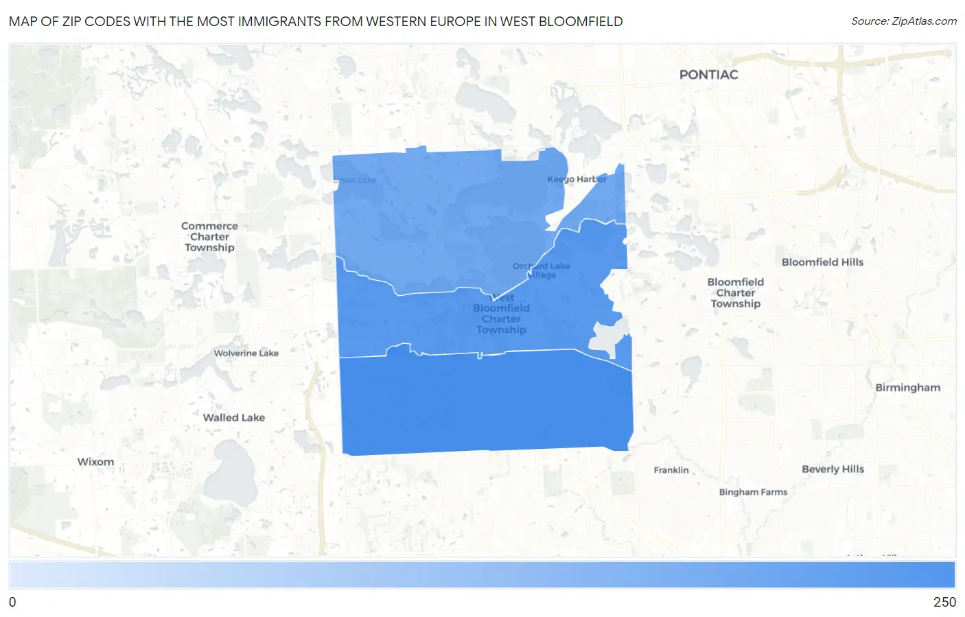 Zip Codes with the Most Immigrants from Western Europe in West Bloomfield Map