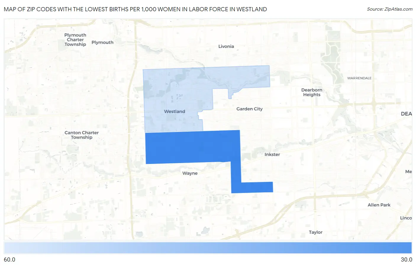Zip Codes with the Lowest Births per 1,000 Women in Labor Force in Westland Map