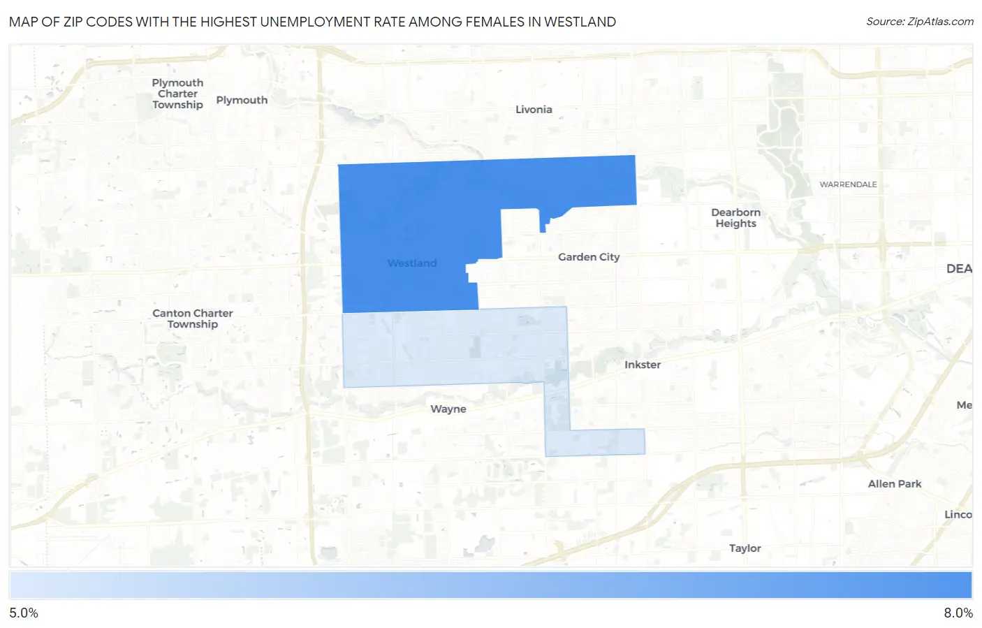 Zip Codes with the Highest Unemployment Rate Among Females in Westland Map