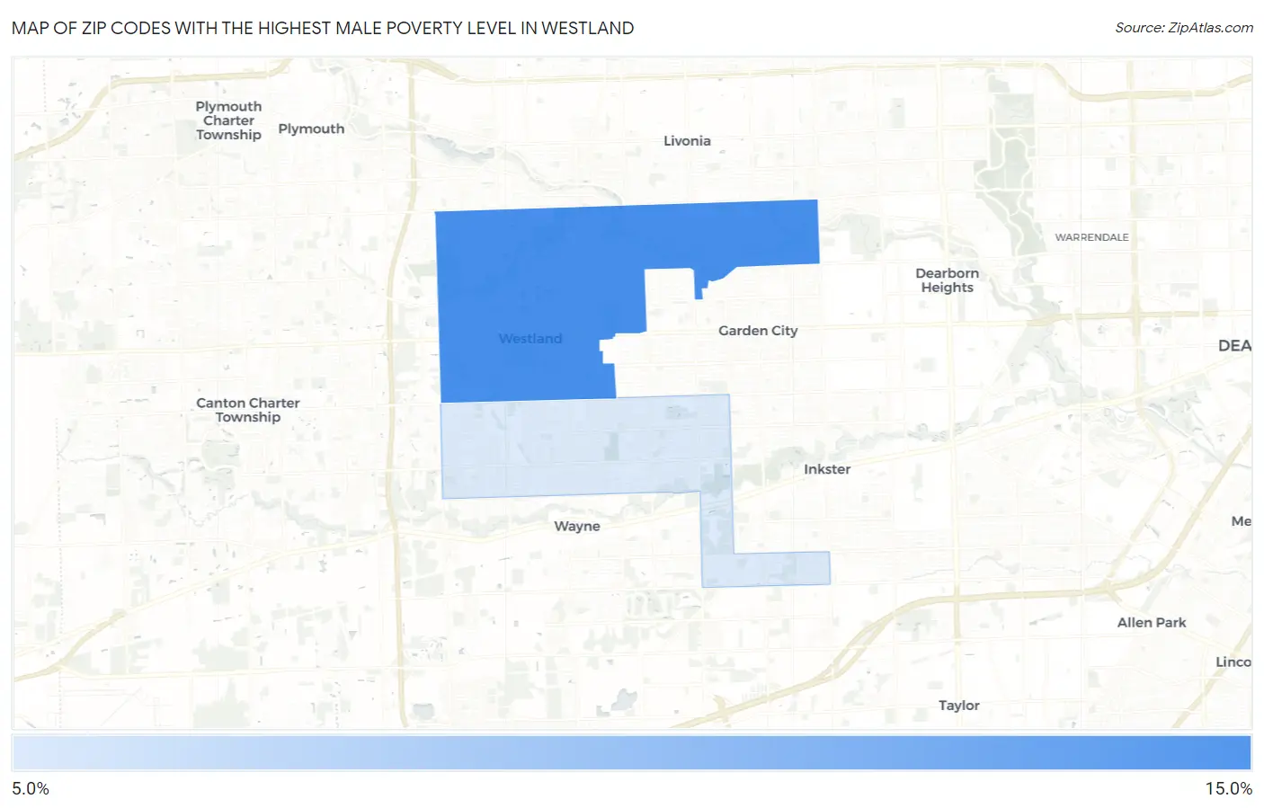 Zip Codes with the Highest Male Poverty Level in Westland Map