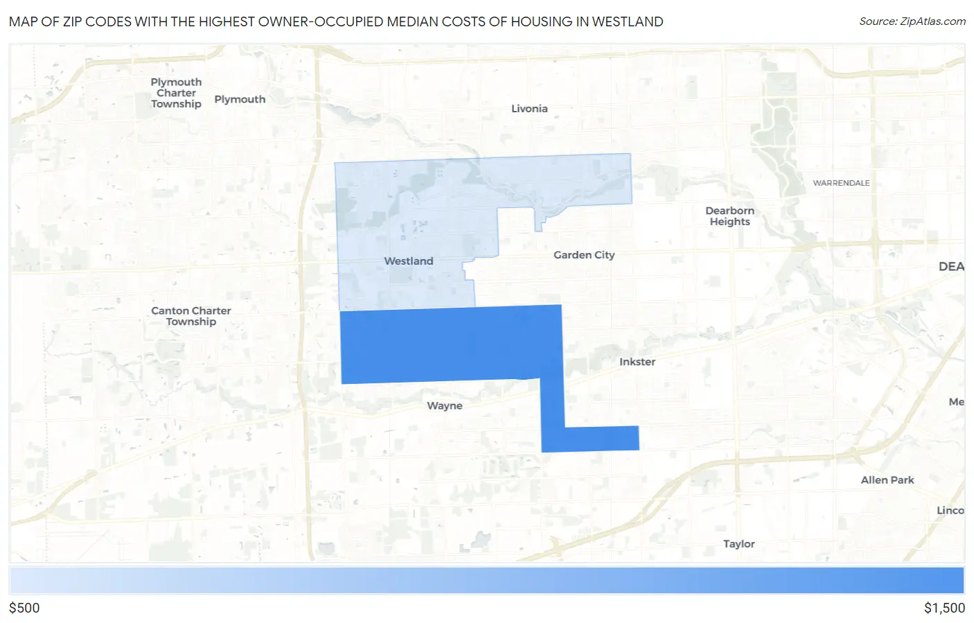 Zip Codes with the Highest Owner-Occupied Median Costs of Housing in Westland Map