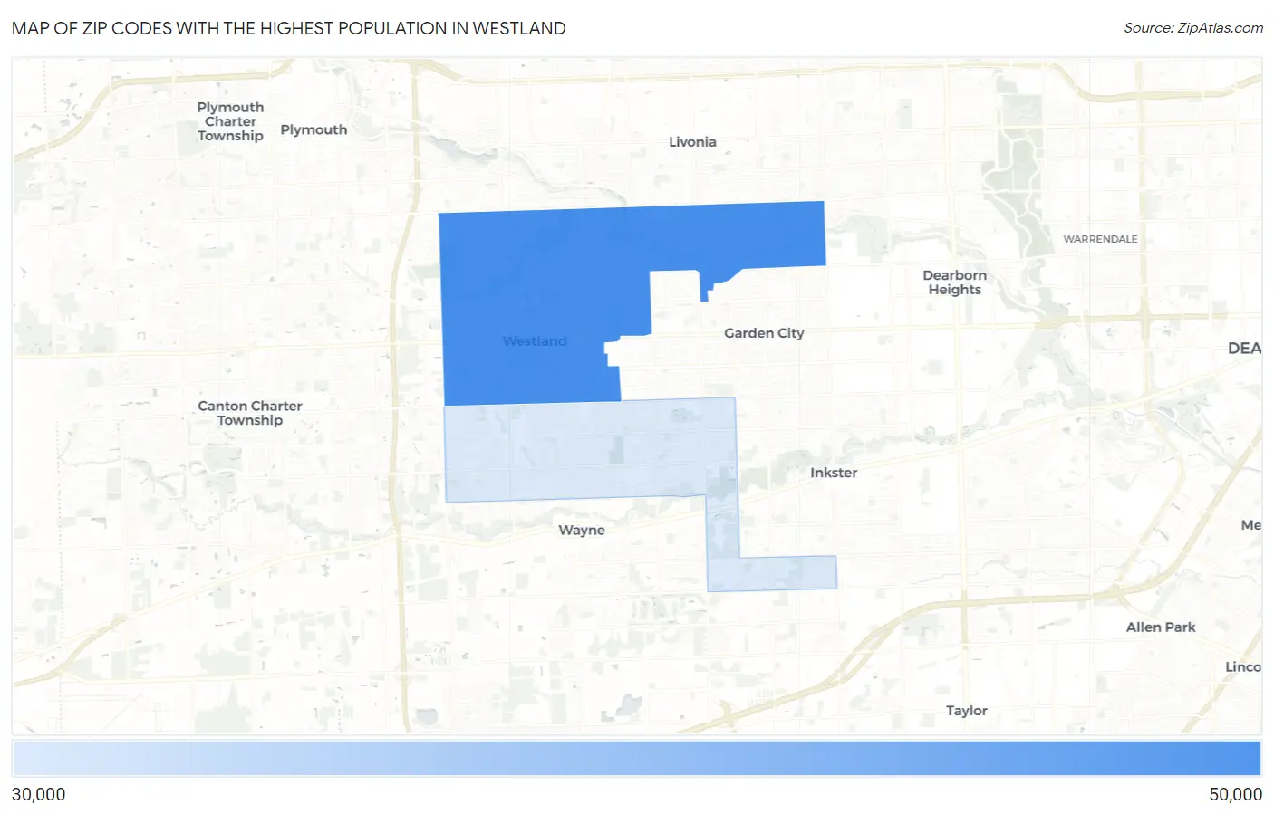 Zip Codes with the Highest Population in Westland Map