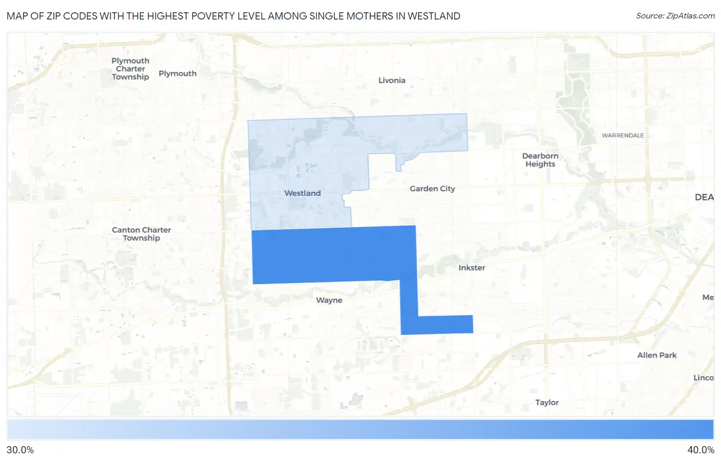 Zip Codes with the Highest Poverty Level Among Single Mothers in Westland Map