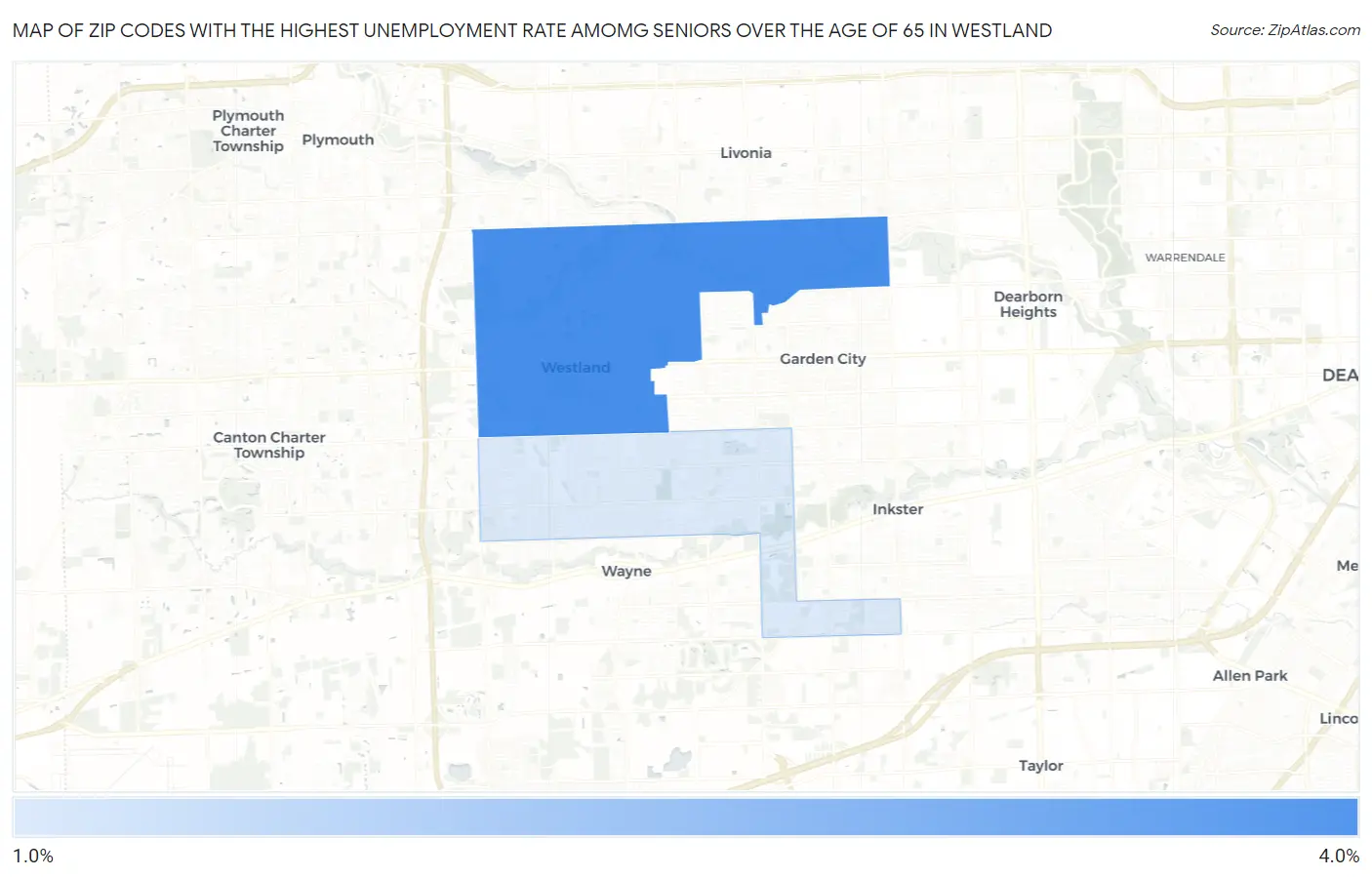 Zip Codes with the Highest Unemployment Rate Amomg Seniors Over the Age of 65 in Westland Map