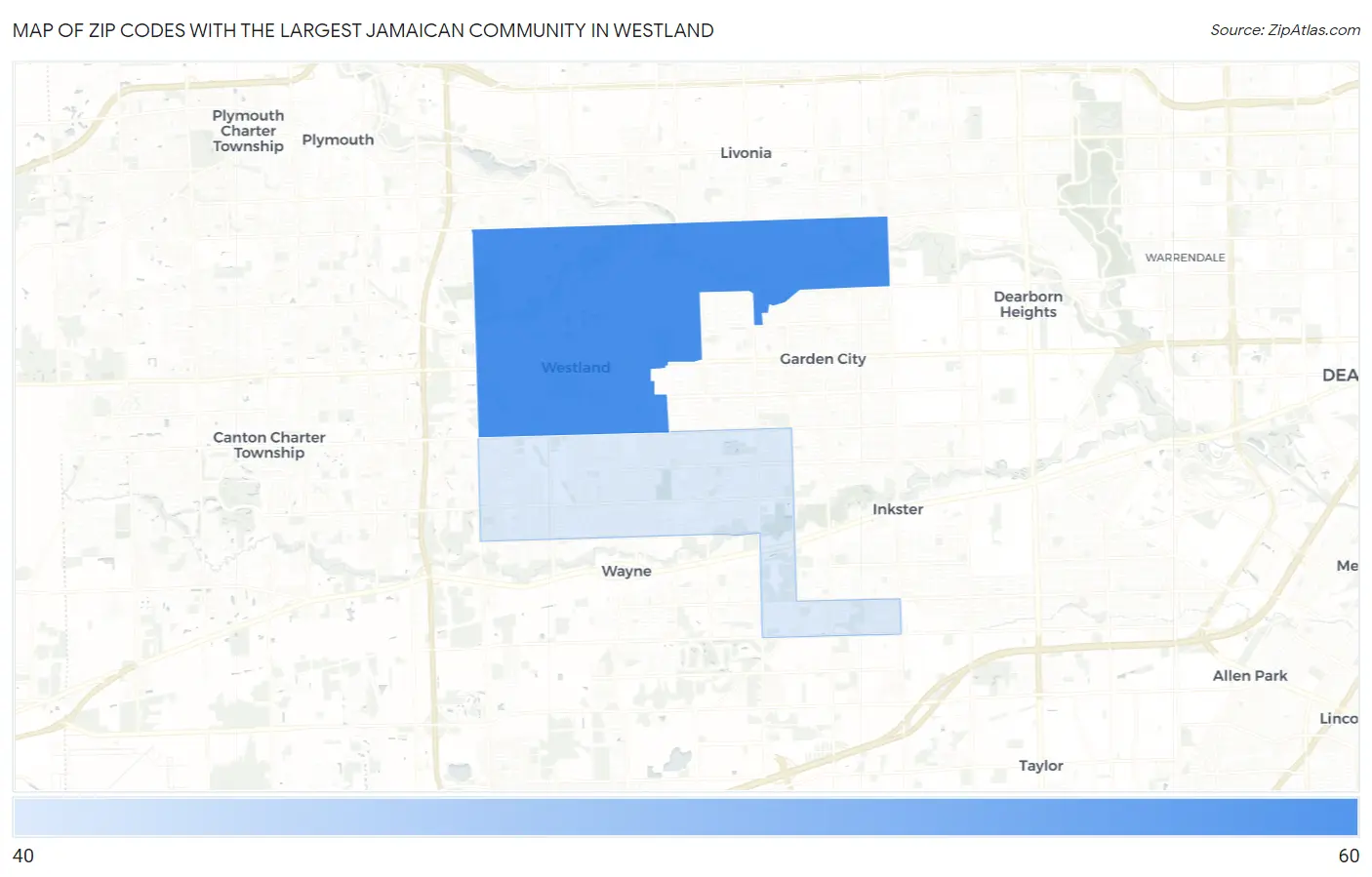 Zip Codes with the Largest Jamaican Community in Westland Map