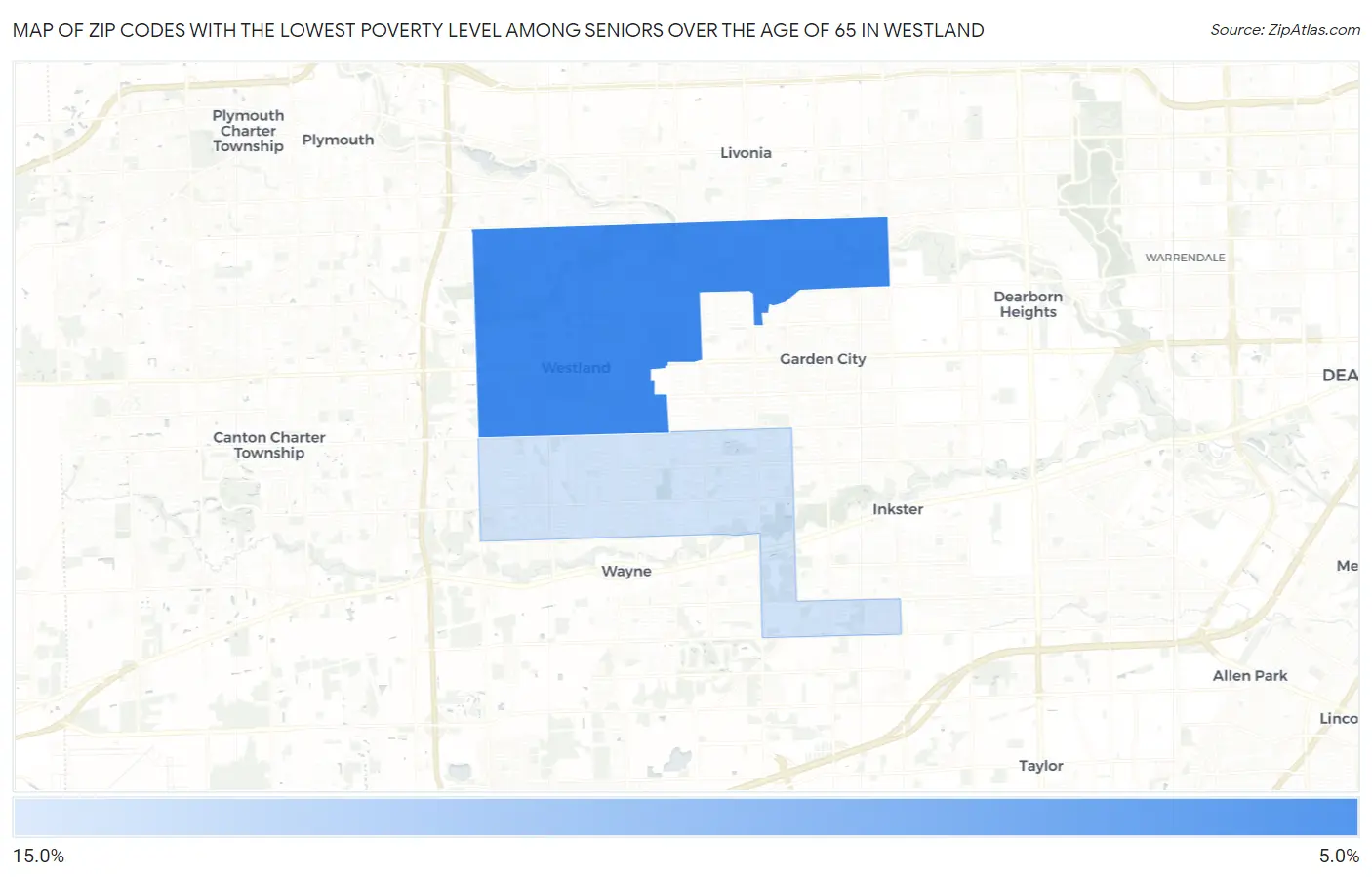 Zip Codes with the Lowest Poverty Level Among Seniors Over the Age of 65 in Westland Map