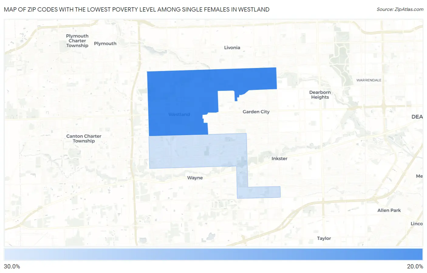 Zip Codes with the Lowest Poverty Level Among Single Females in Westland Map