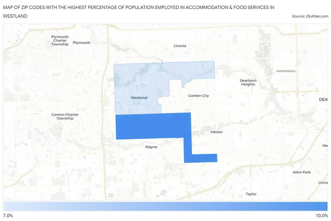 Zip Codes with the Highest Percentage of Population Employed in Accommodation & Food Services in Westland Map