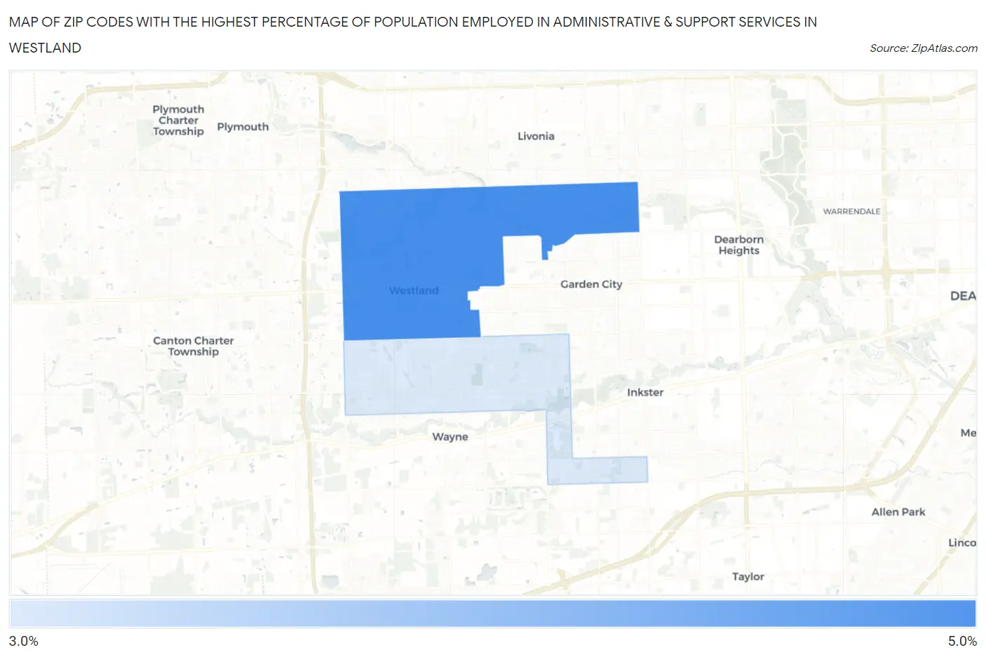 Zip Codes with the Highest Percentage of Population Employed in Administrative & Support Services in Westland Map