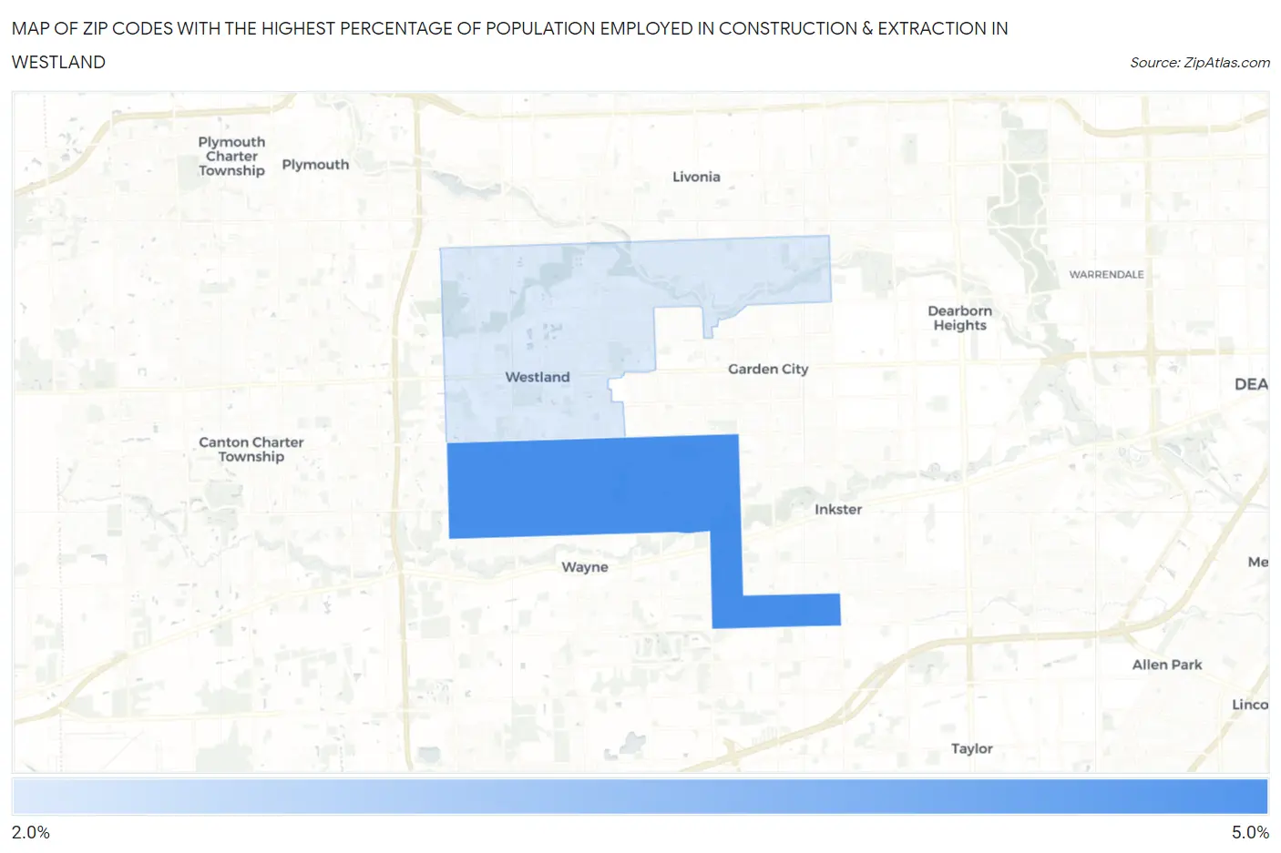 Zip Codes with the Highest Percentage of Population Employed in Construction & Extraction in Westland Map