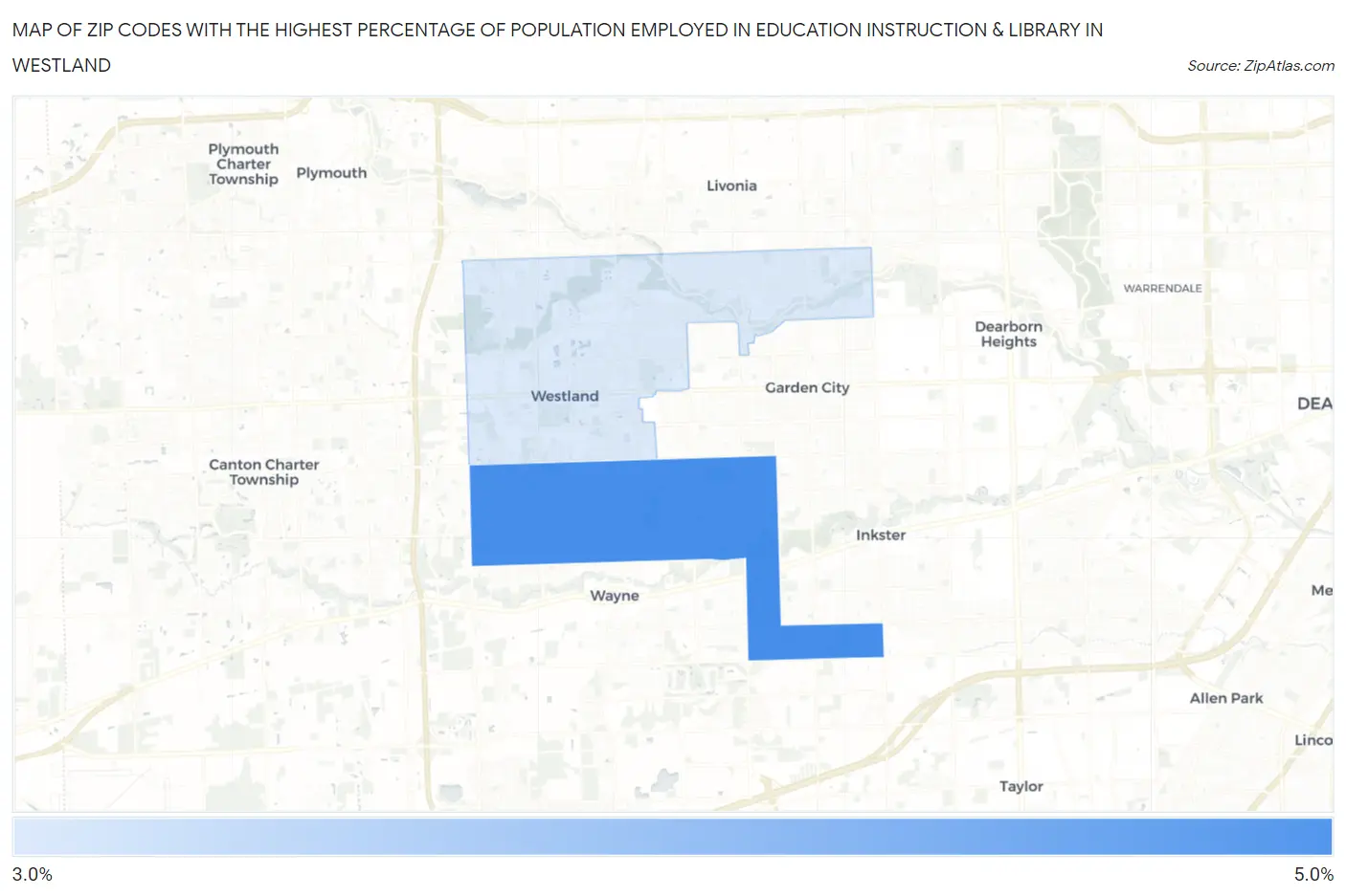 Zip Codes with the Highest Percentage of Population Employed in Education Instruction & Library in Westland Map