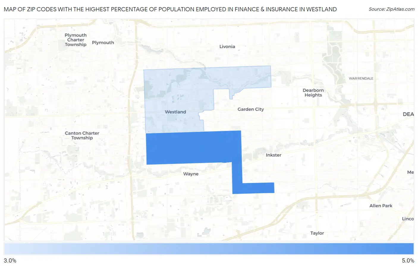 Zip Codes with the Highest Percentage of Population Employed in Finance & Insurance in Westland Map