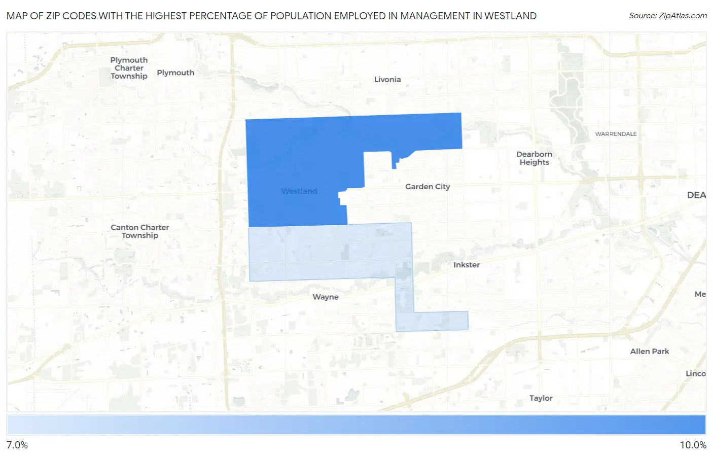 Zip Codes with the Highest Percentage of Population Employed in Management in Westland Map