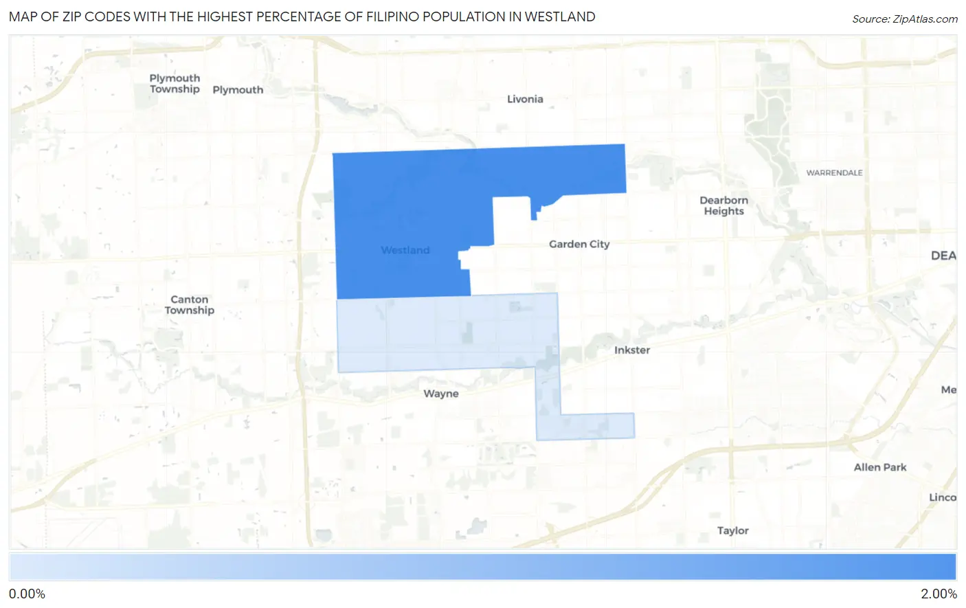 Zip Codes with the Highest Percentage of Filipino Population in Westland Map