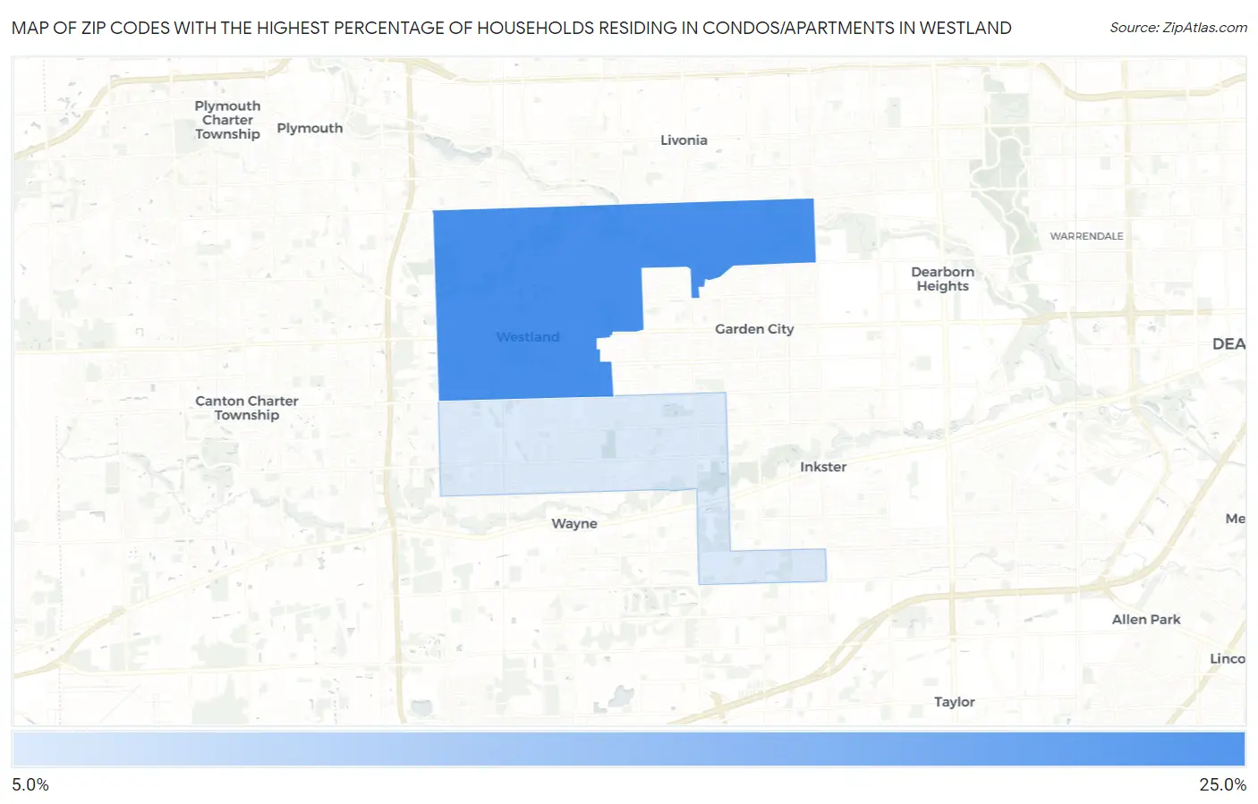 Zip Codes with the Highest Percentage of Households Residing in Condos/Apartments in Westland Map