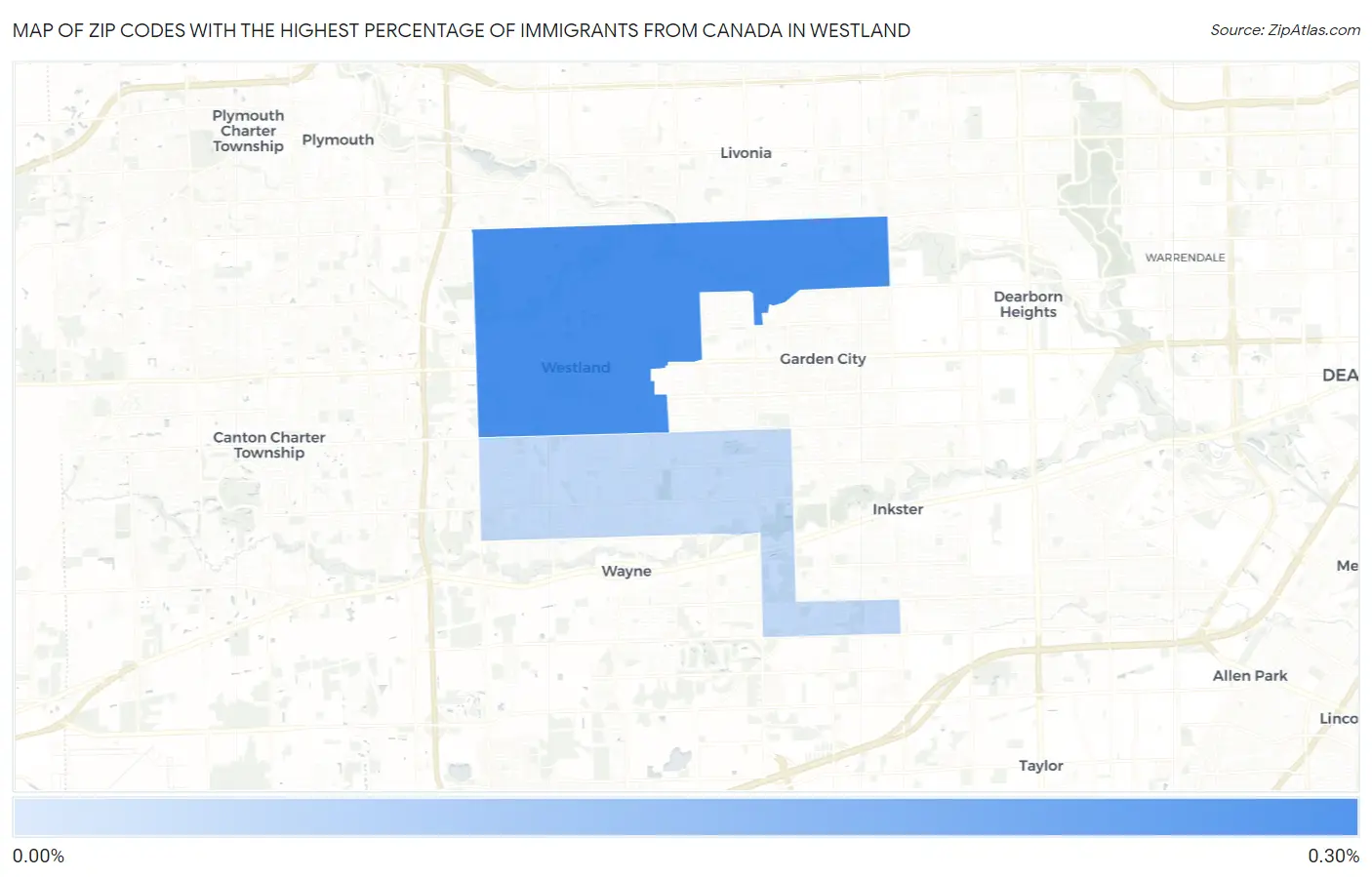 Zip Codes with the Highest Percentage of Immigrants from Canada in Westland Map