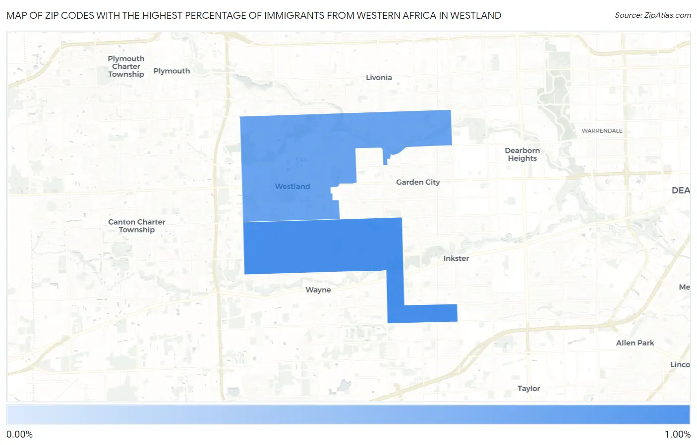 Zip Codes with the Highest Percentage of Immigrants from Western Africa in Westland Map