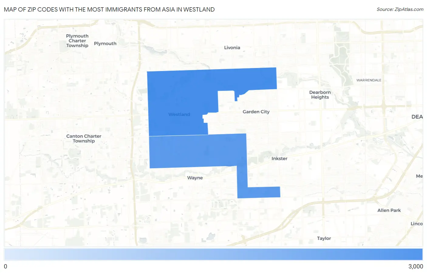Zip Codes with the Most Immigrants from Asia in Westland Map