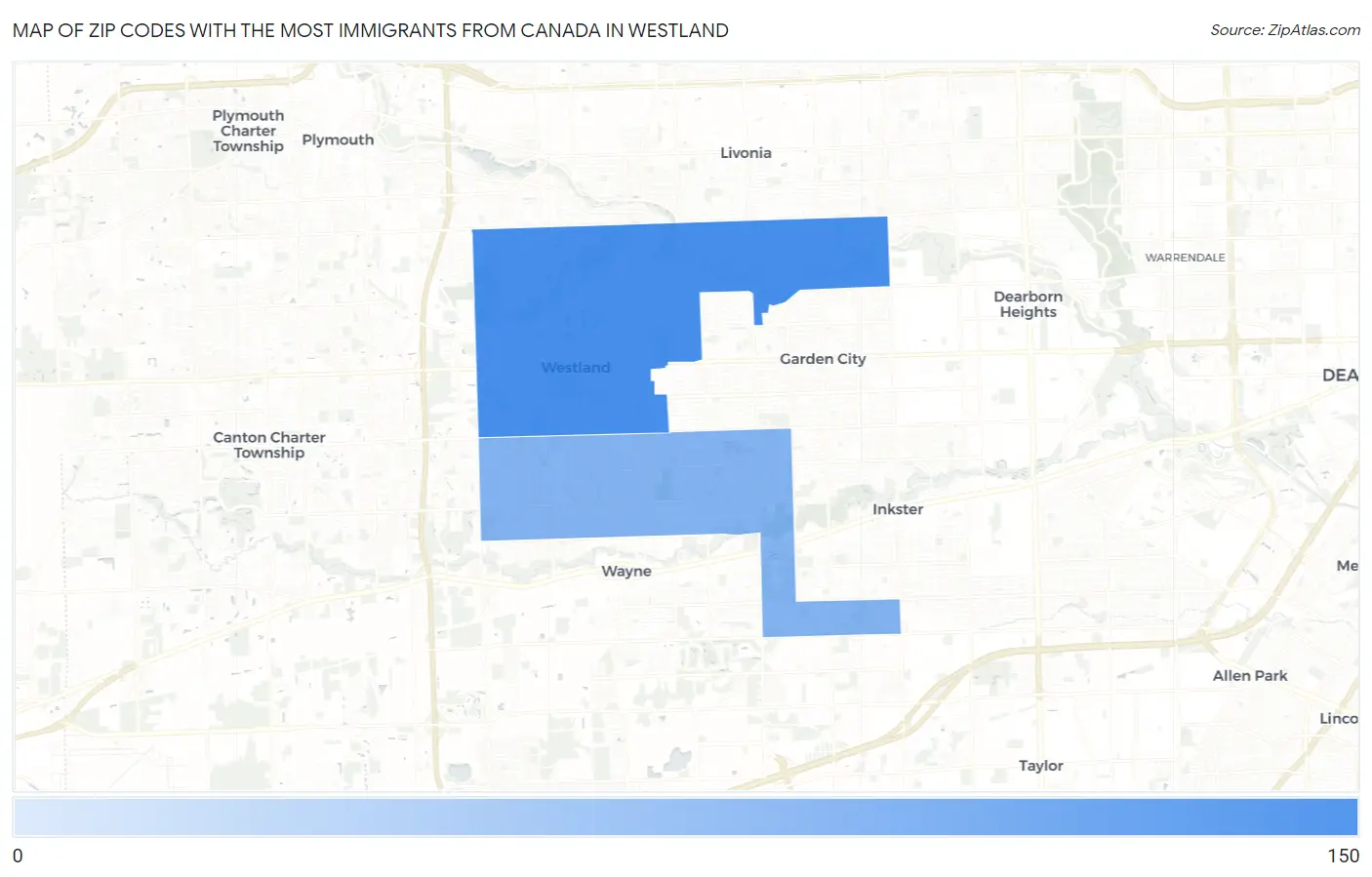 Zip Codes with the Most Immigrants from Canada in Westland Map