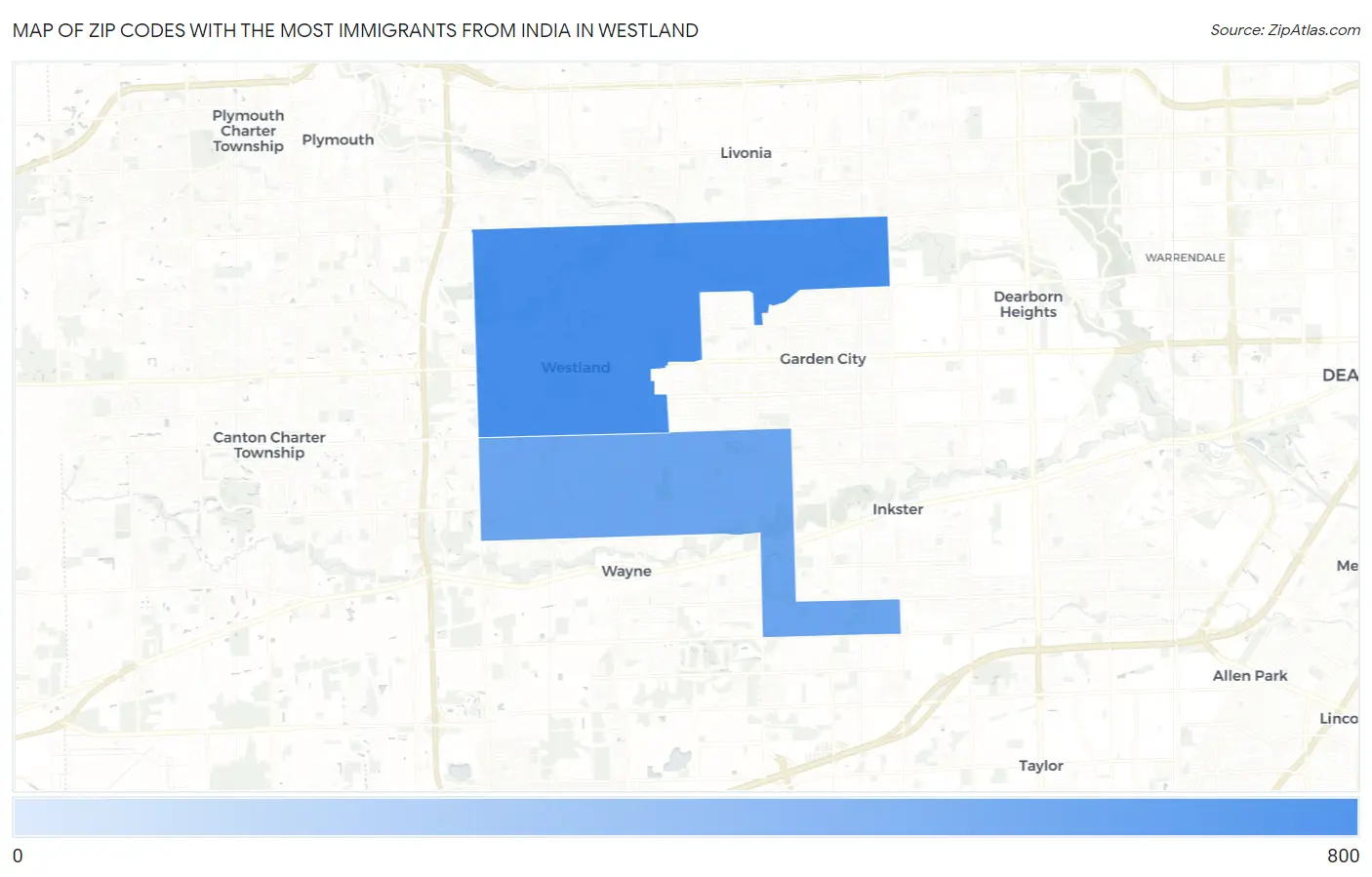 Zip Codes with the Most Immigrants from India in Westland Map