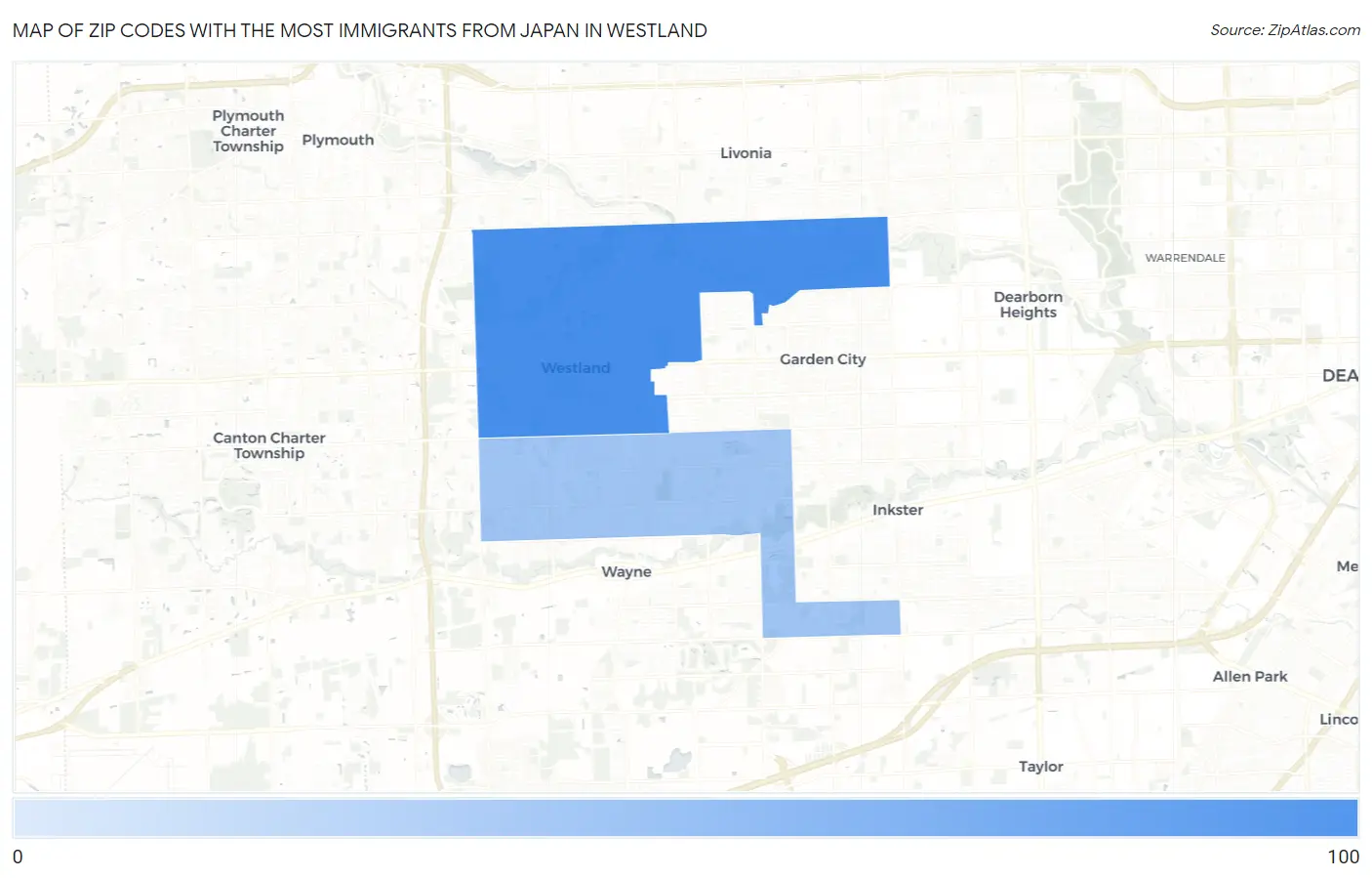 Zip Codes with the Most Immigrants from Japan in Westland Map