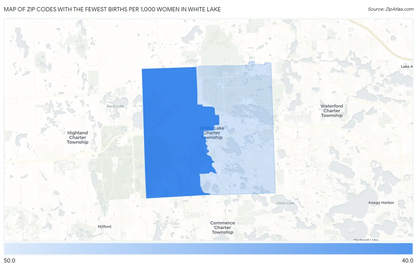 Zip Codes with the Fewest Births per 1,000 Women in White Lake Map