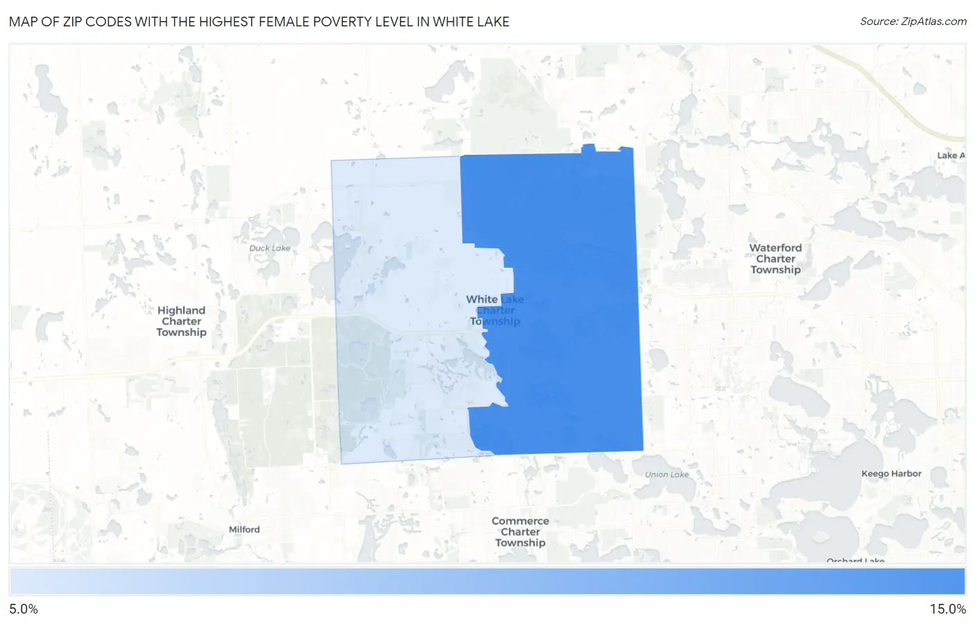 Zip Codes with the Highest Female Poverty Level in White Lake Map