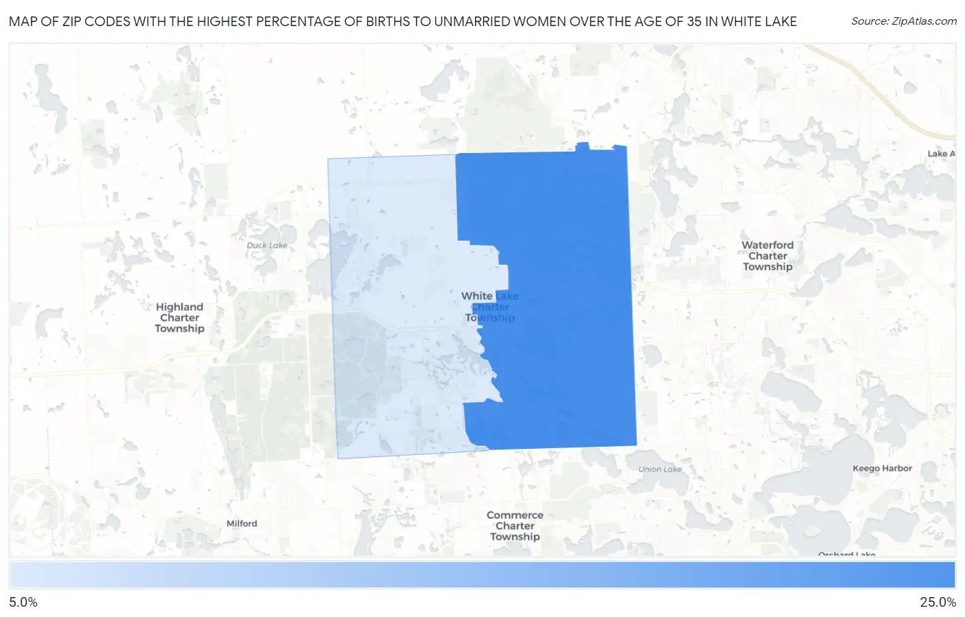 Zip Codes with the Highest Percentage of Births to Unmarried Women over the Age of 35 in White Lake Map