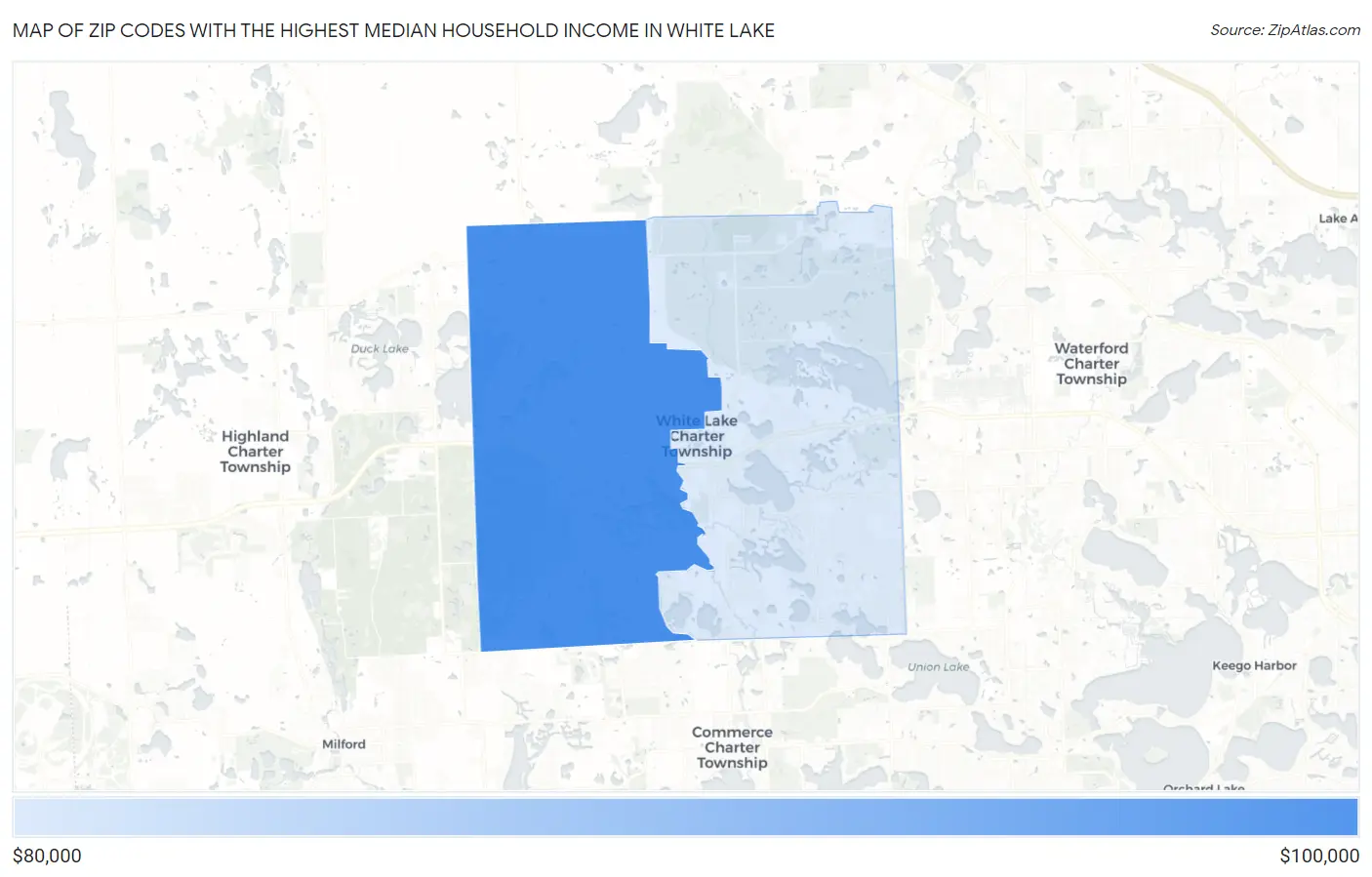 Zip Codes with the Highest Median Household Income in White Lake Map