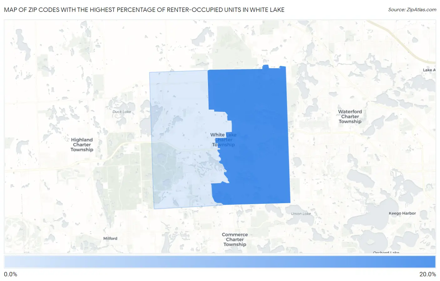Zip Codes with the Highest Percentage of Renter-Occupied Units in White Lake Map