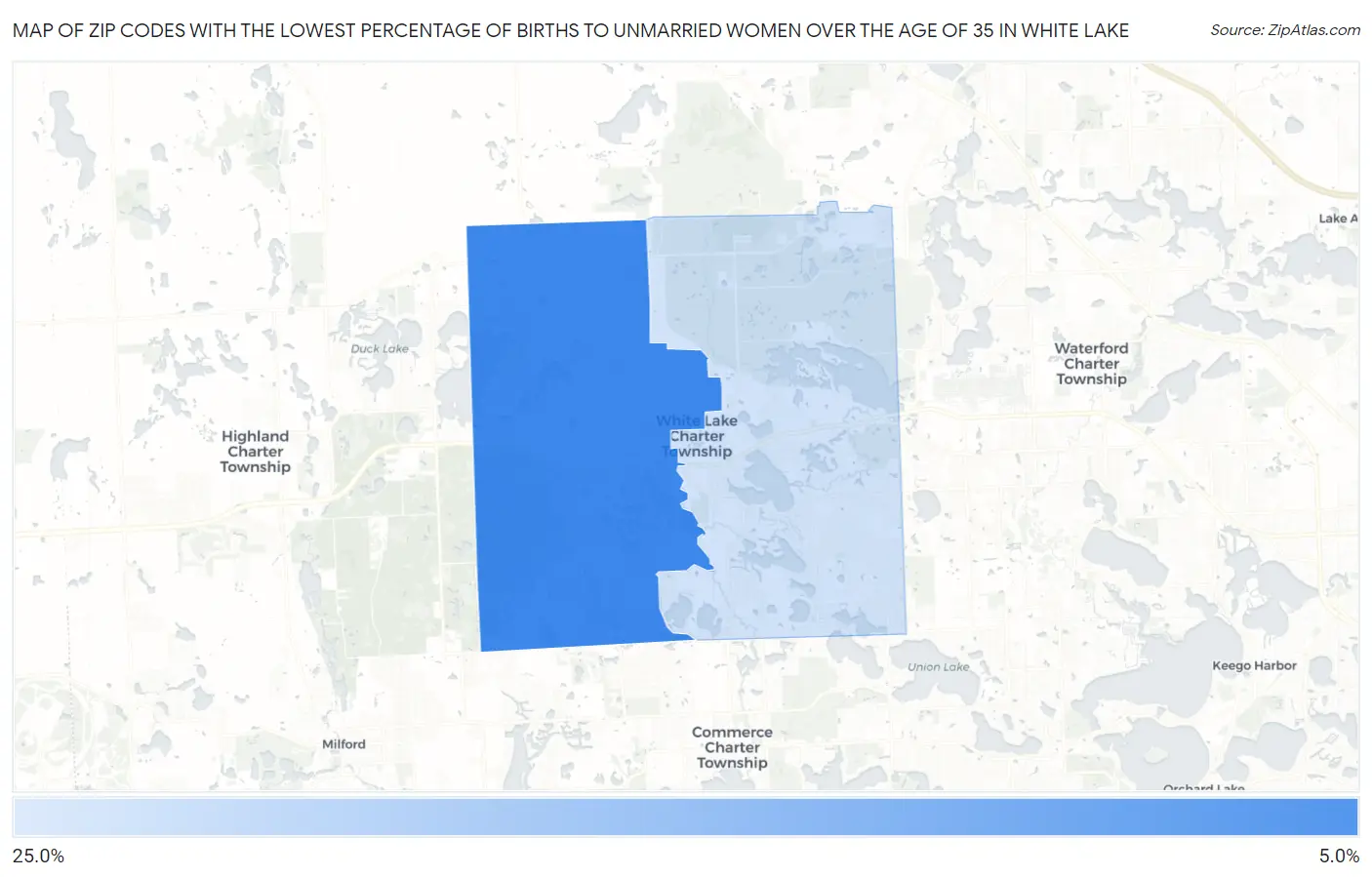 Zip Codes with the Lowest Percentage of Births to Unmarried Women over the Age of 35 in White Lake Map