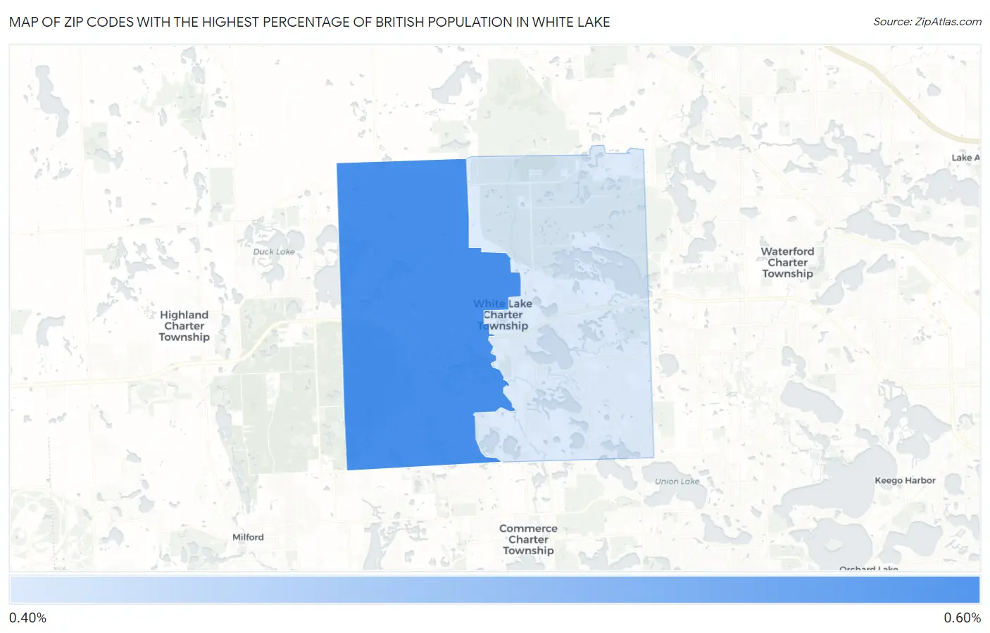 Zip Codes with the Highest Percentage of British Population in White Lake Map