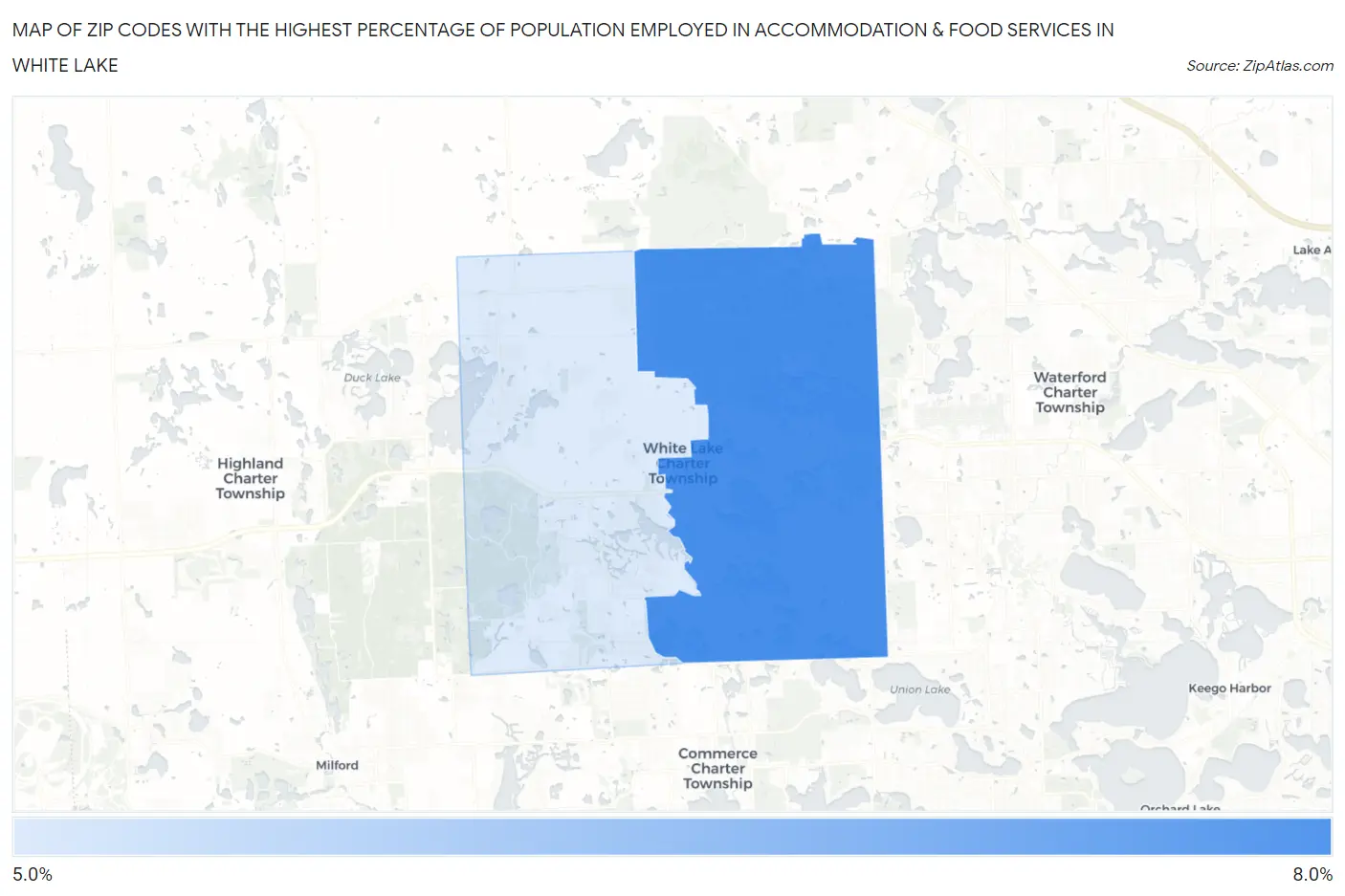 Zip Codes with the Highest Percentage of Population Employed in Accommodation & Food Services in White Lake Map