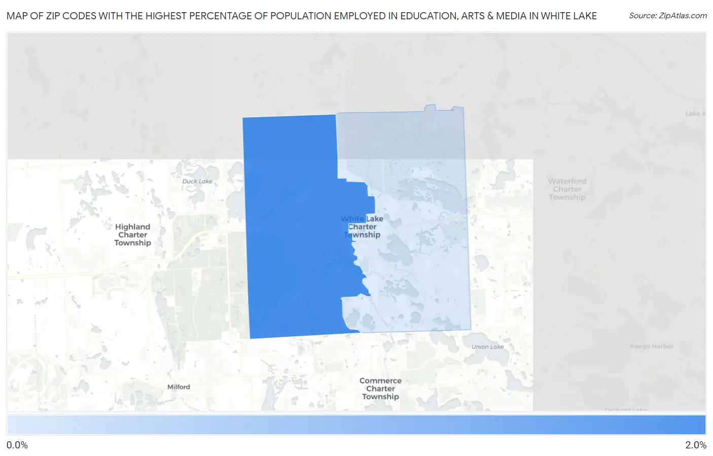 Zip Codes with the Highest Percentage of Population Employed in Education, Arts & Media in White Lake Map