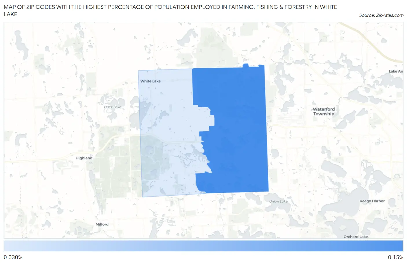 Zip Codes with the Highest Percentage of Population Employed in Farming, Fishing & Forestry in White Lake Map