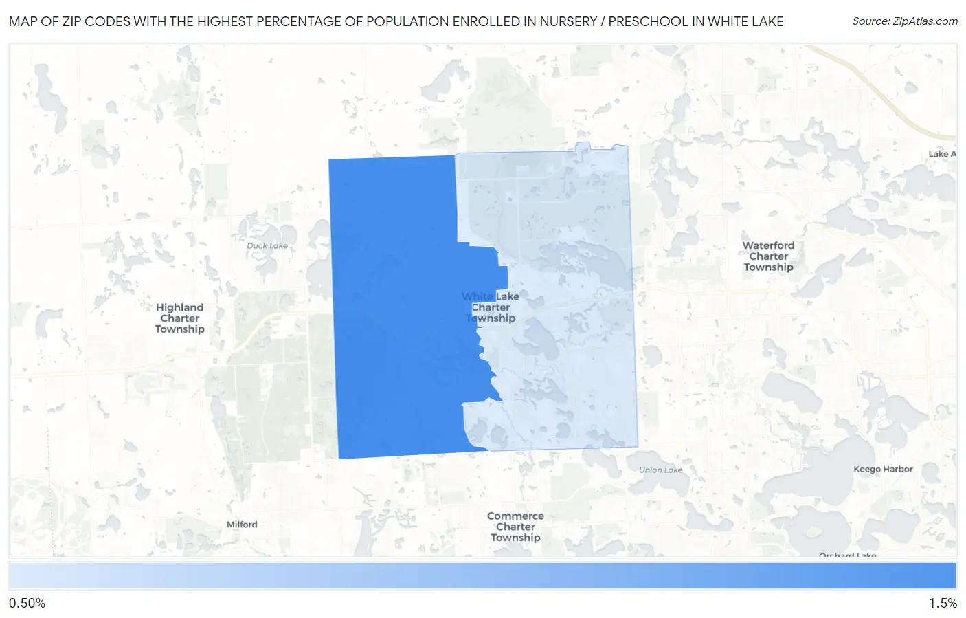 Zip Codes with the Highest Percentage of Population Enrolled in Nursery / Preschool in White Lake Map