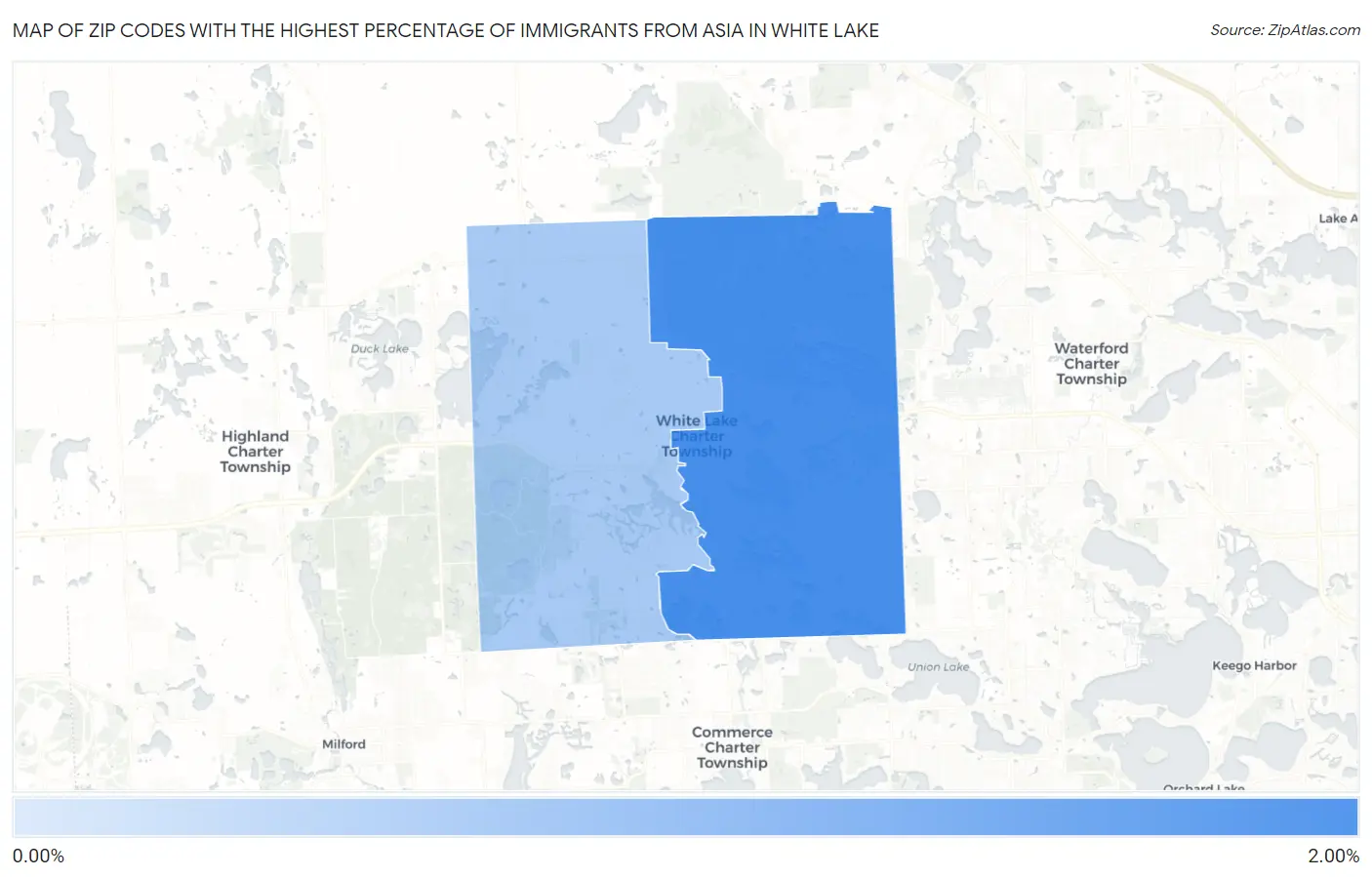 Zip Codes with the Highest Percentage of Immigrants from Asia in White Lake Map