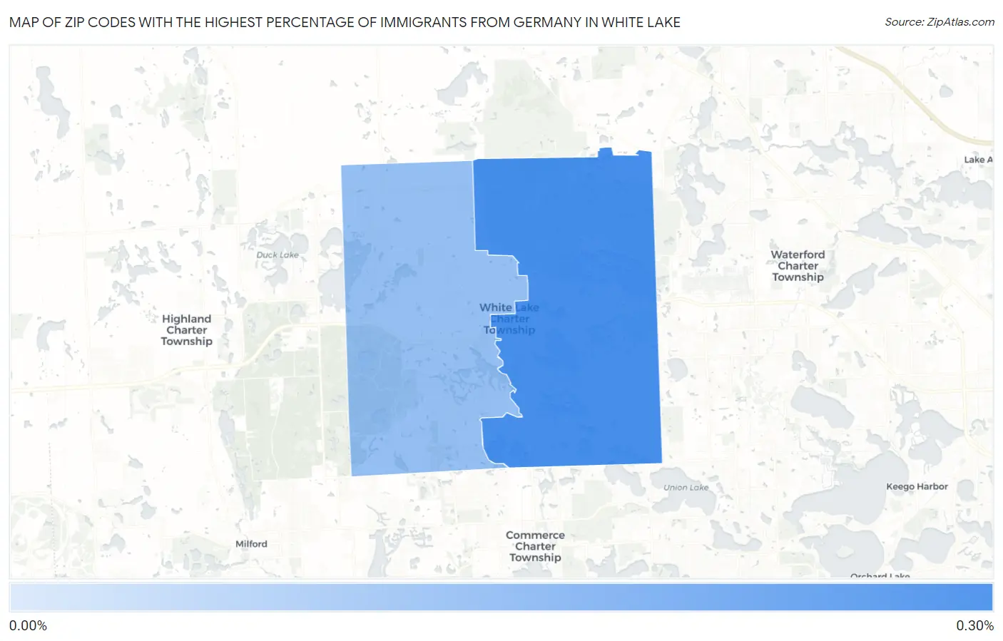 Zip Codes with the Highest Percentage of Immigrants from Germany in White Lake Map