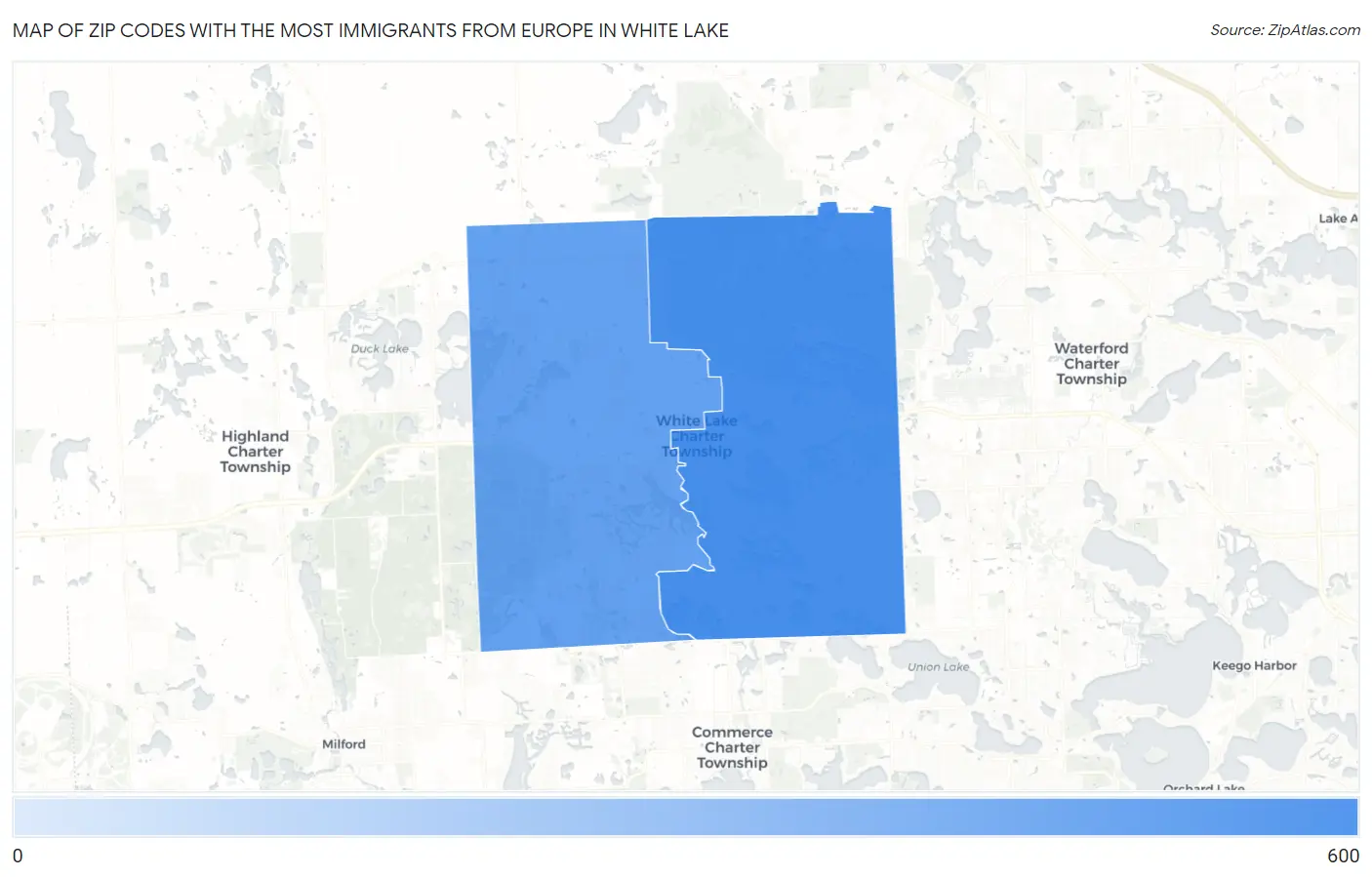 Zip Codes with the Most Immigrants from Europe in White Lake Map