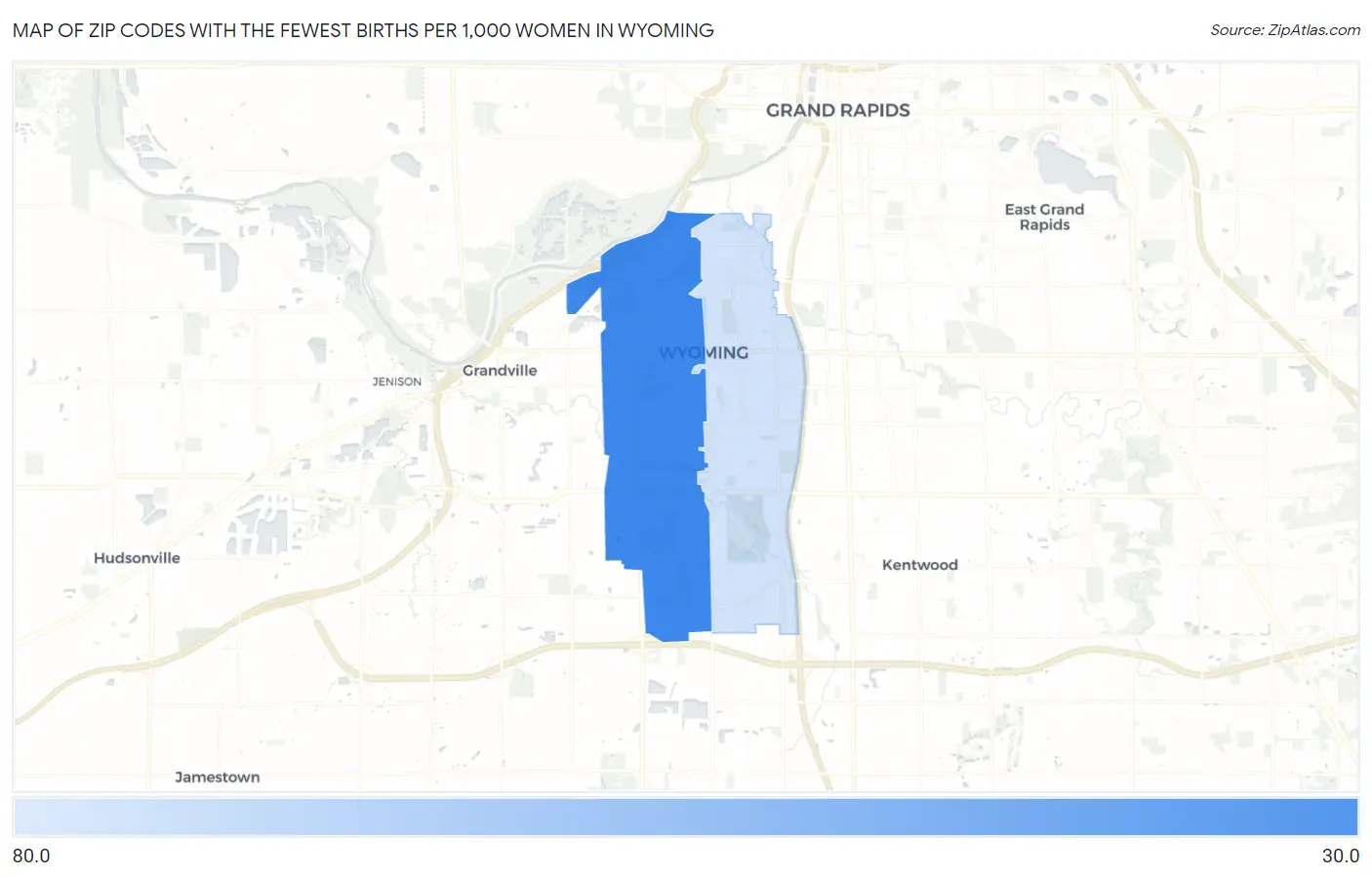 Zip Codes with the Fewest Births per 1,000 Women in Wyoming Map