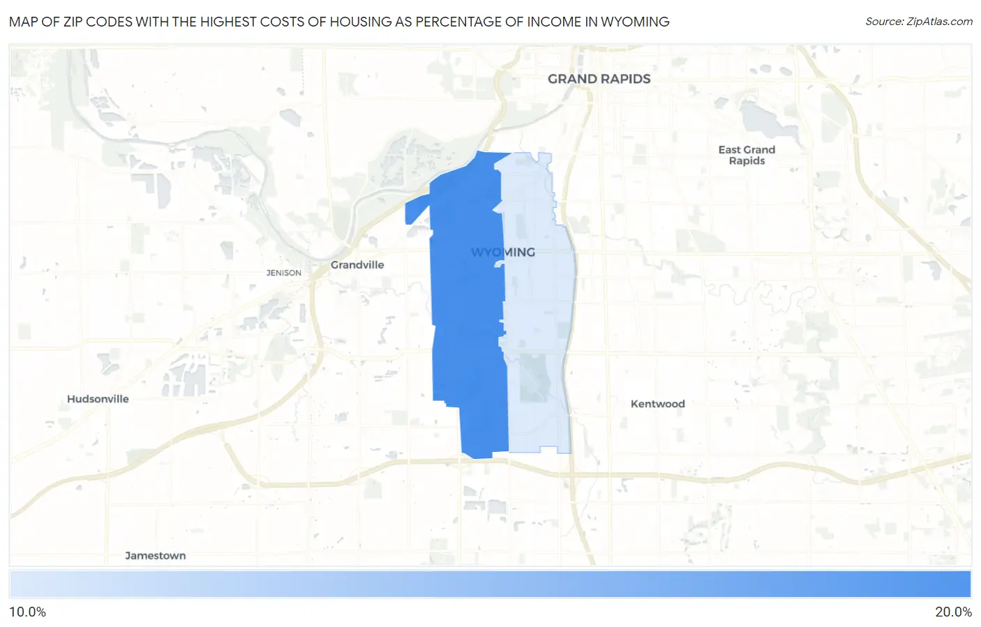 Zip Codes with the Highest Costs of Housing as Percentage of Income in Wyoming Map