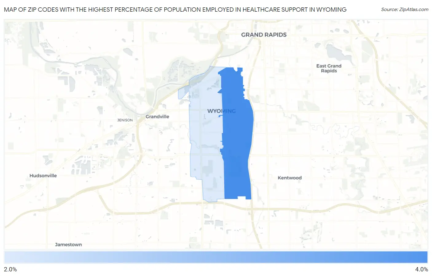 Zip Codes with the Highest Percentage of Population Employed in Healthcare Support in Wyoming Map