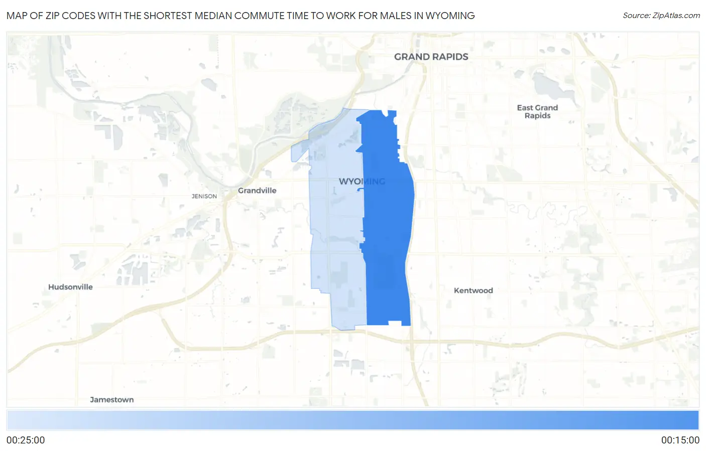 Zip Codes with the Shortest Median Commute Time to Work for Males in Wyoming Map