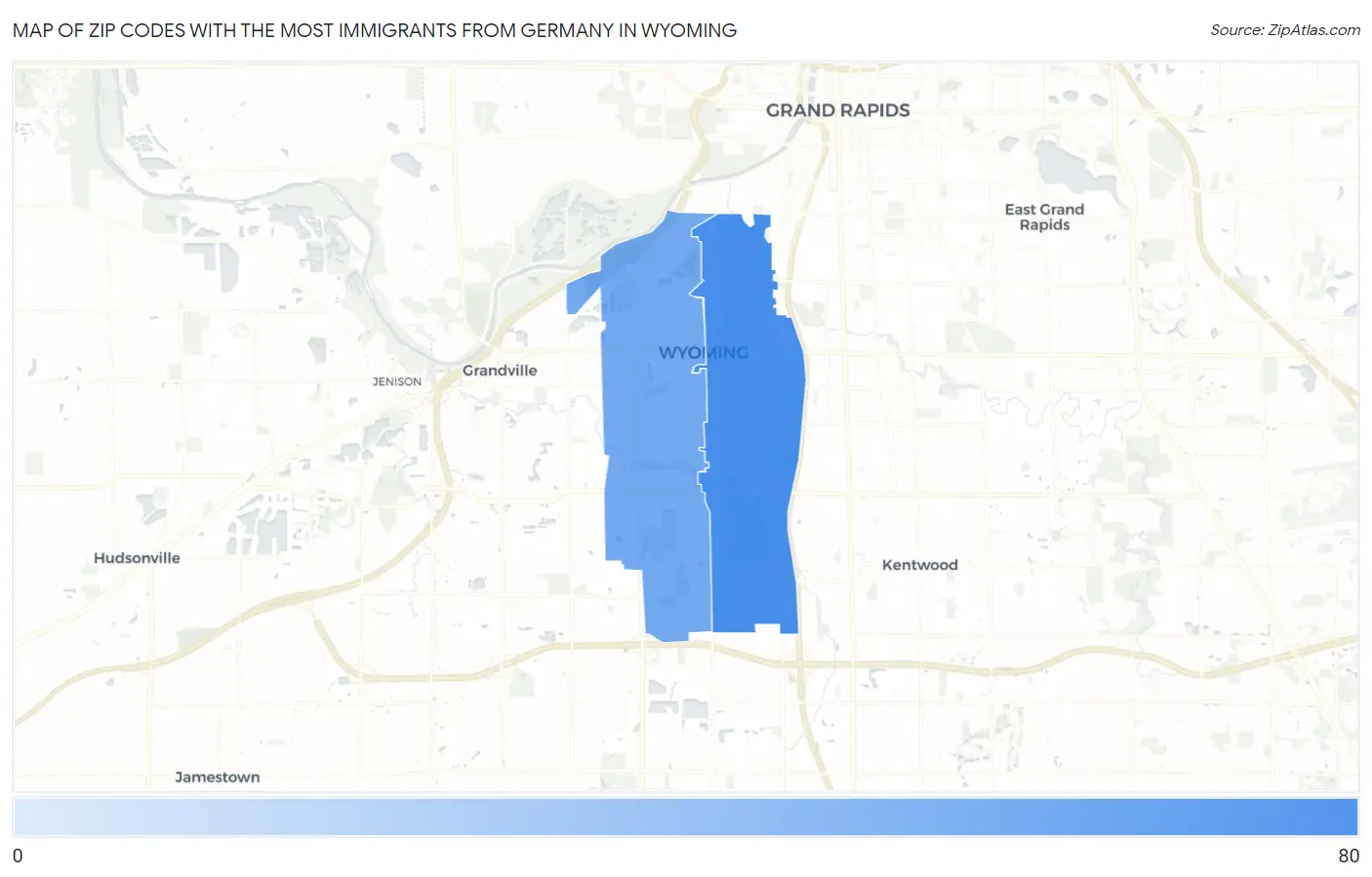 Zip Codes with the Most Immigrants from Germany in Wyoming Map