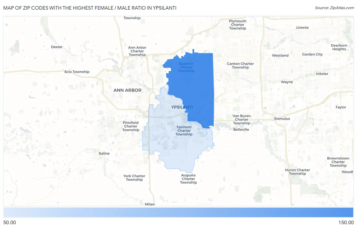 Zip Codes with the Highest Female / Male Ratio in Ypsilanti Map